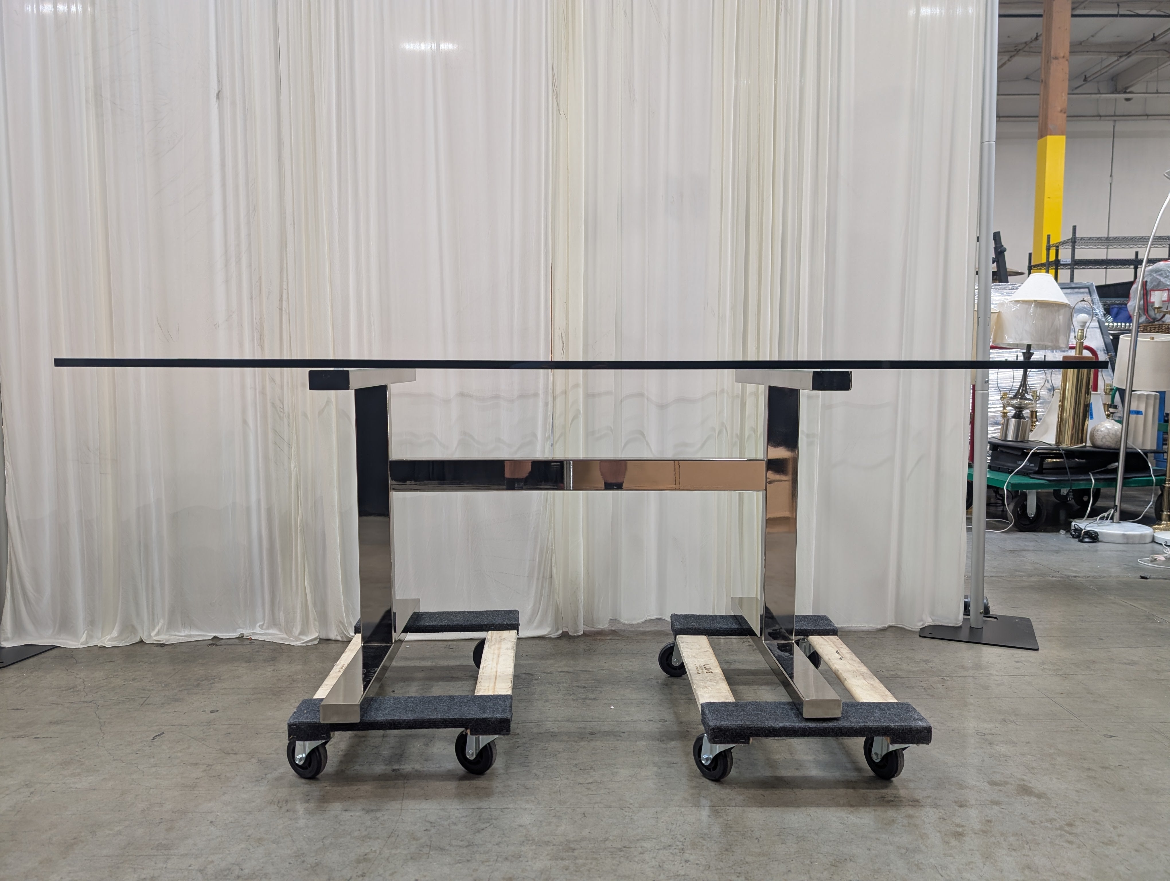 Polished Chrome Trestle Dining Table in Glass