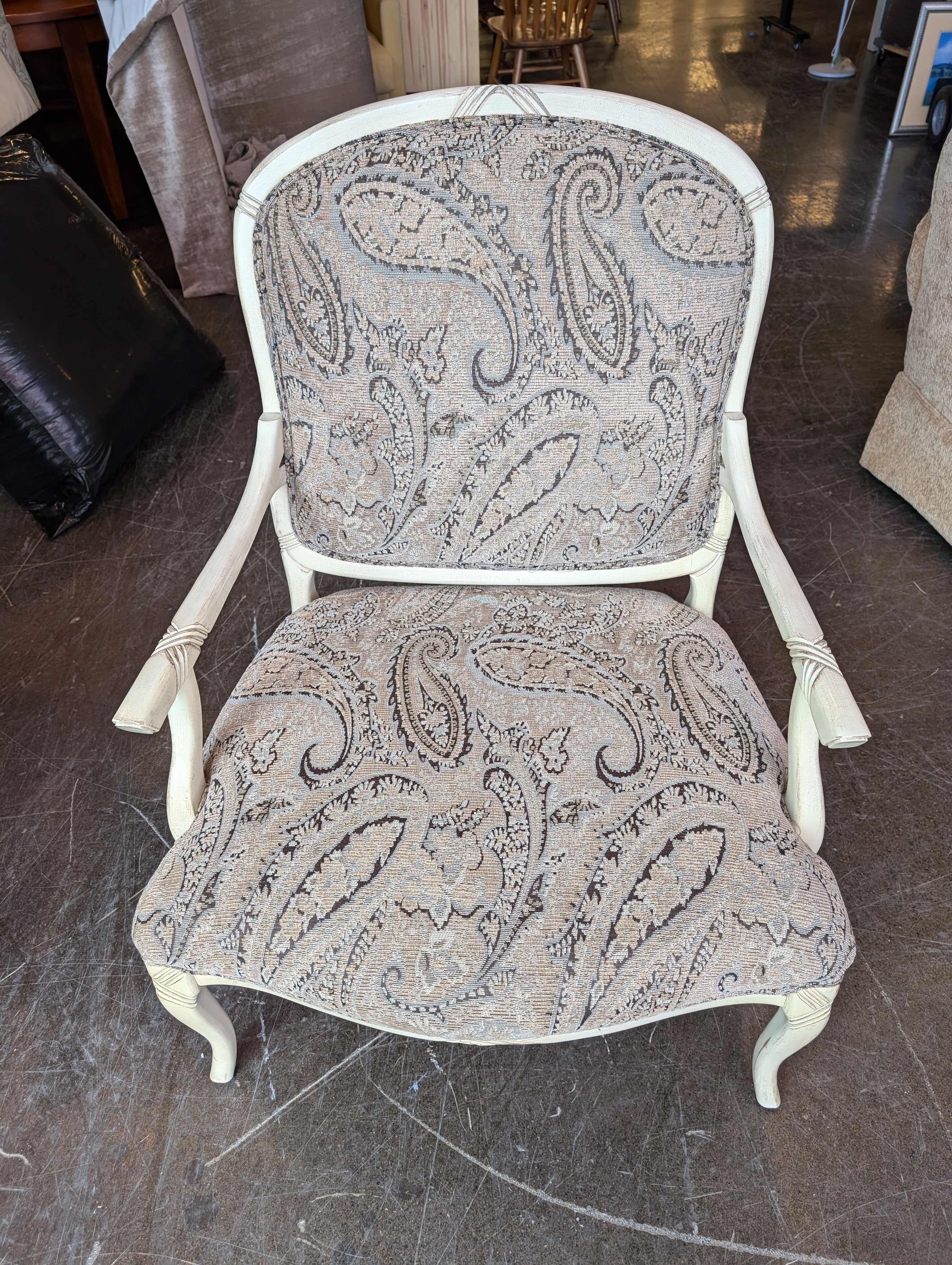 Vintage Style Cream Wood Frame Accent Chair with Paisley Upholstery