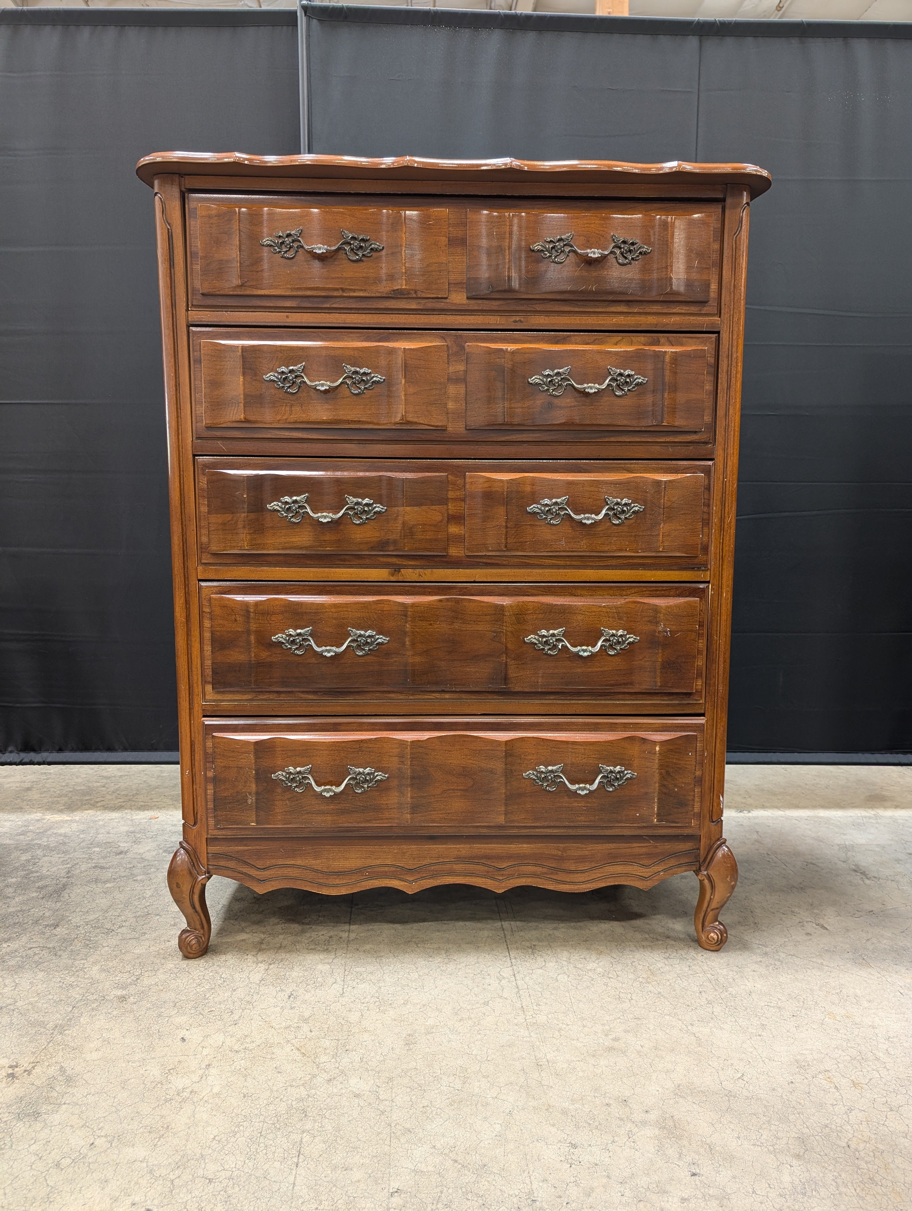 French Provincial Bassett Tall Chest of Drawers with Ornate Hardware