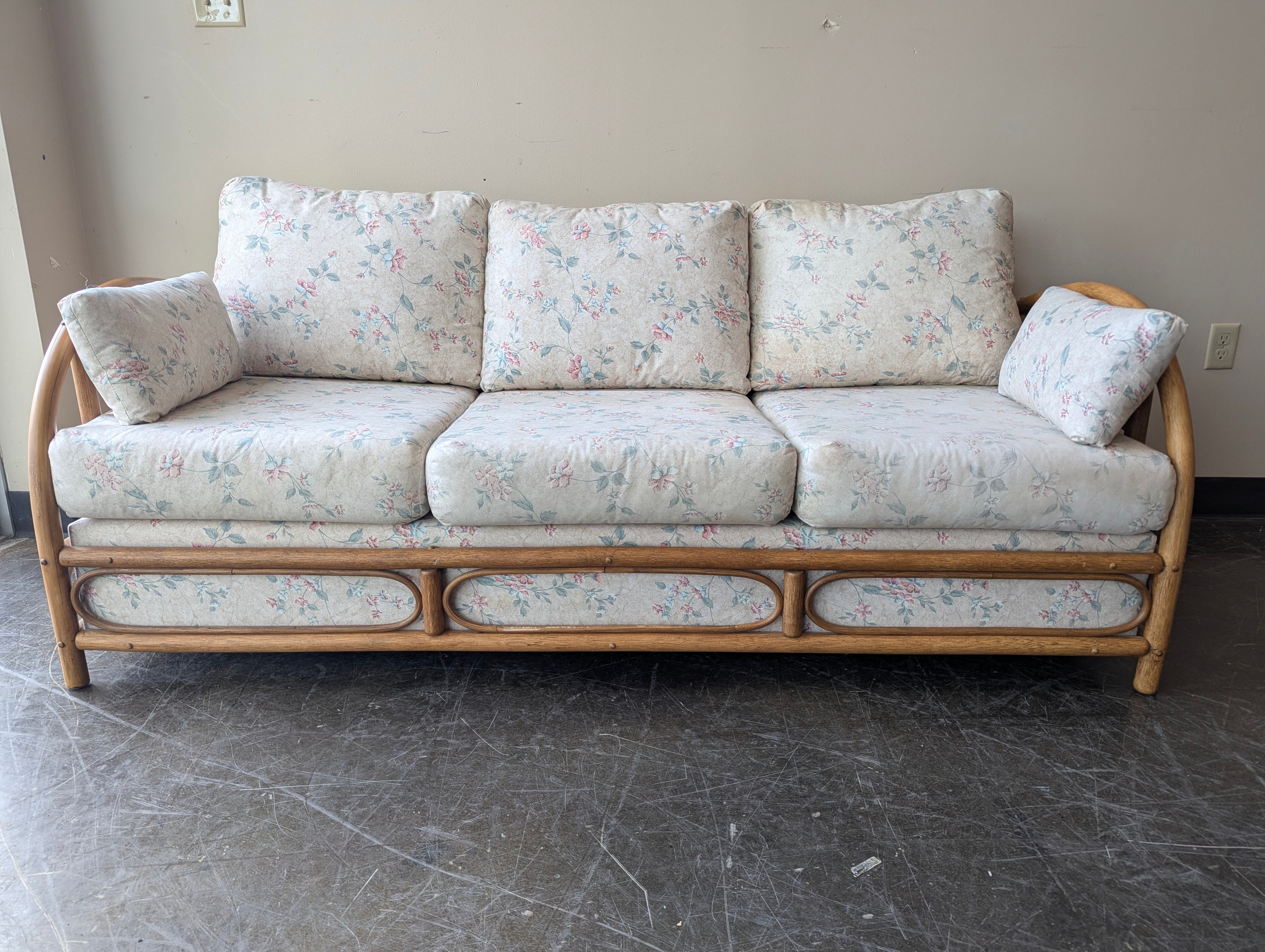 Vintage Rattan Three-Seat Sofa with Floral Upholstery