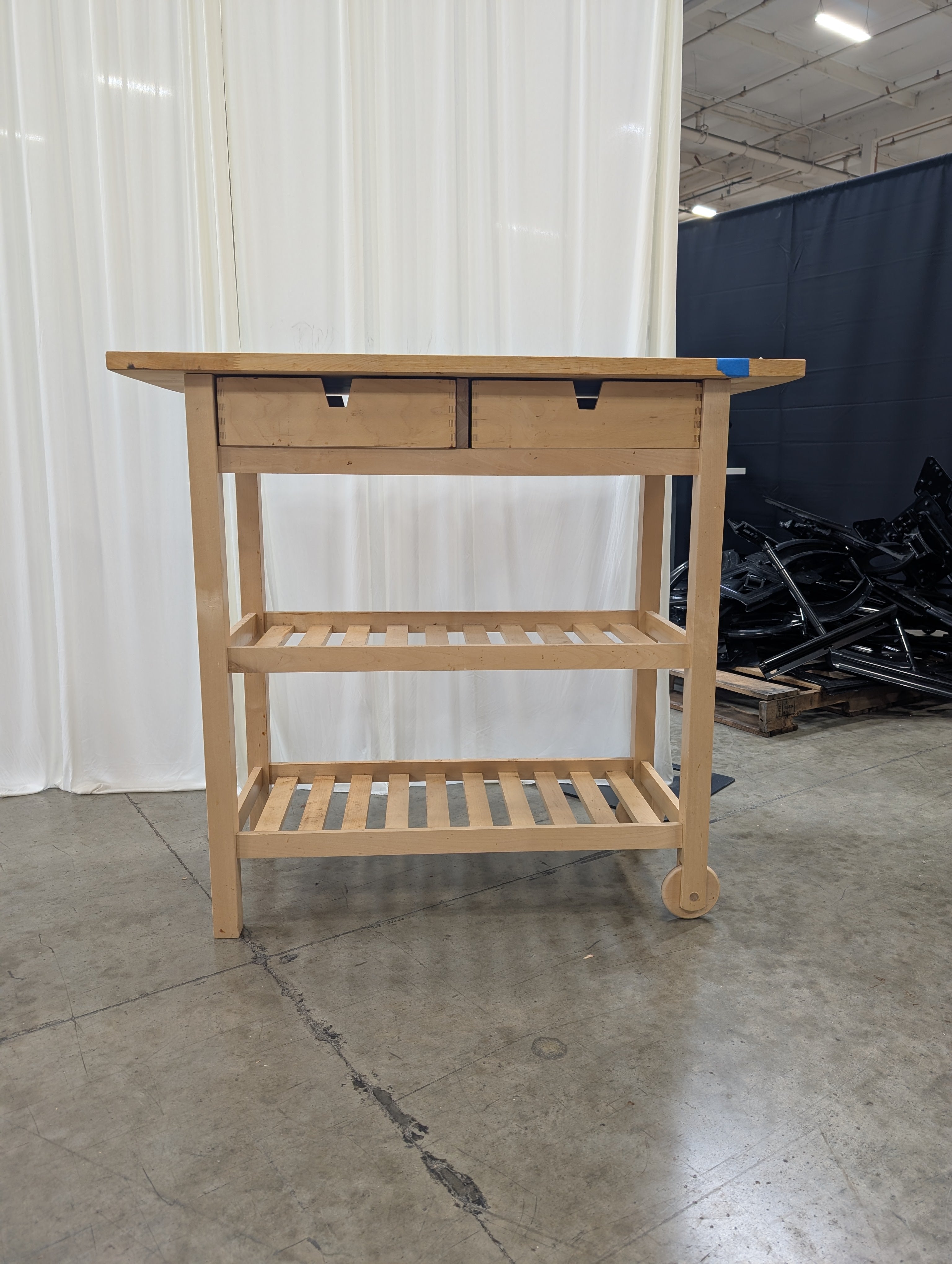 Natural Wood Kitchen Island Cart with Drawers and Slatted Shelves