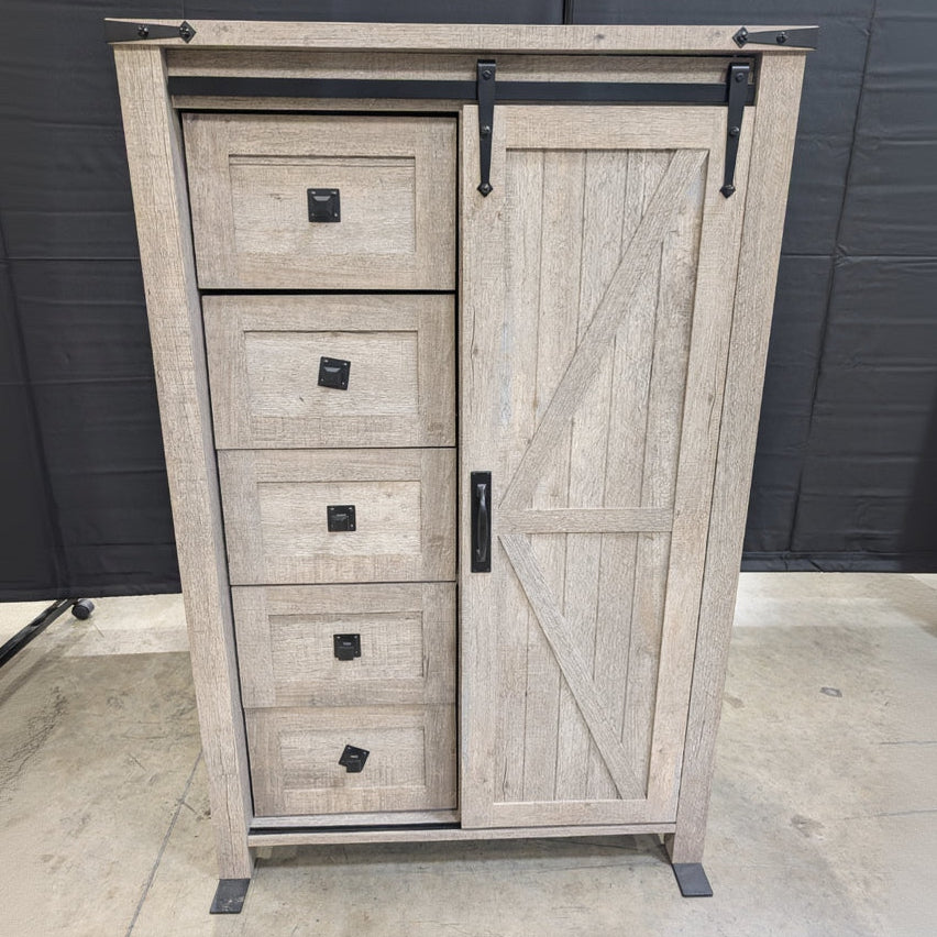 Rustic Light Brown Wood Storage Cabinet | 5 Drawers & Sliding Barn Door
