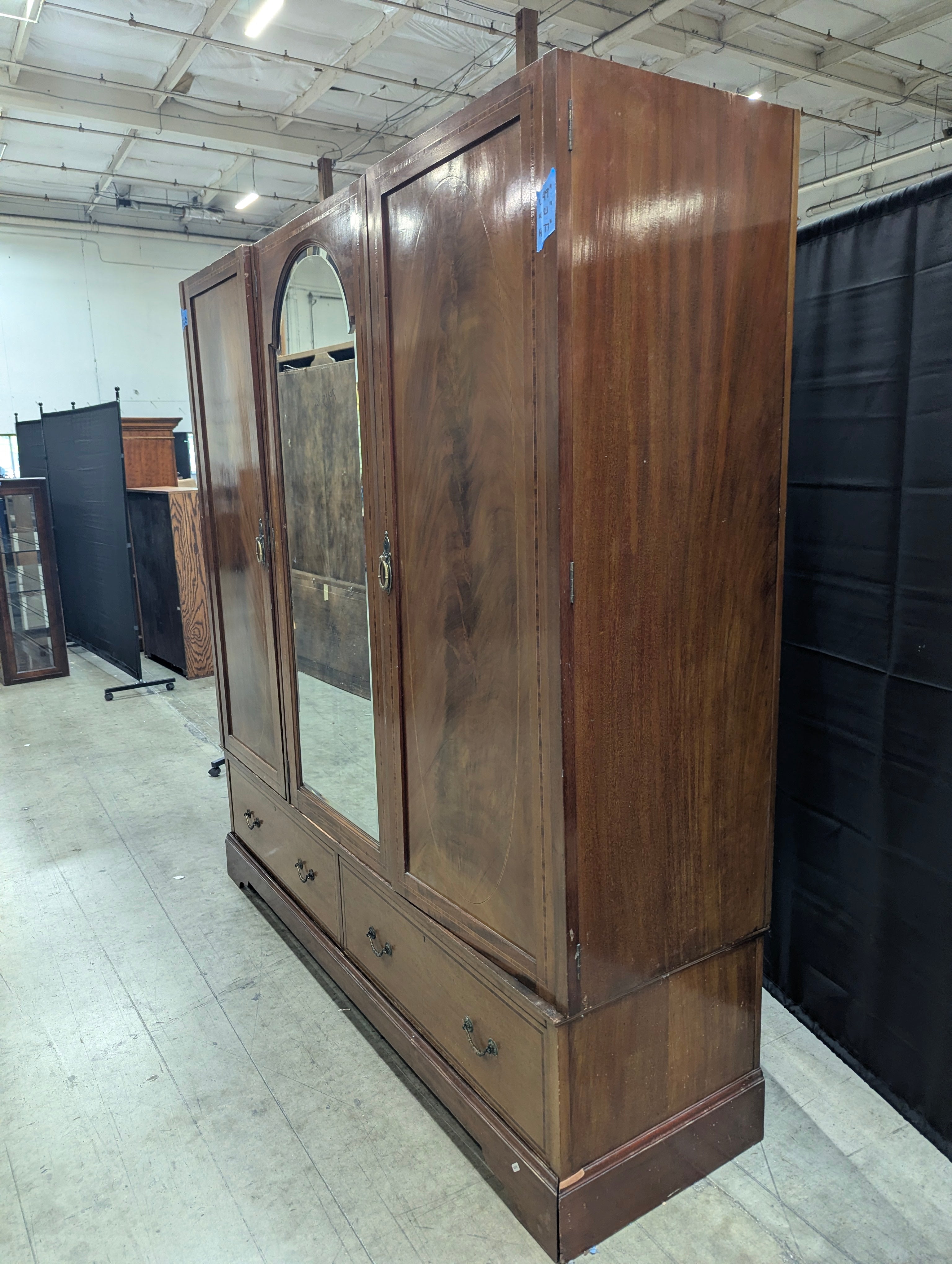 Vintage Three-Door Mirrored Wardrobe with Inlay Details