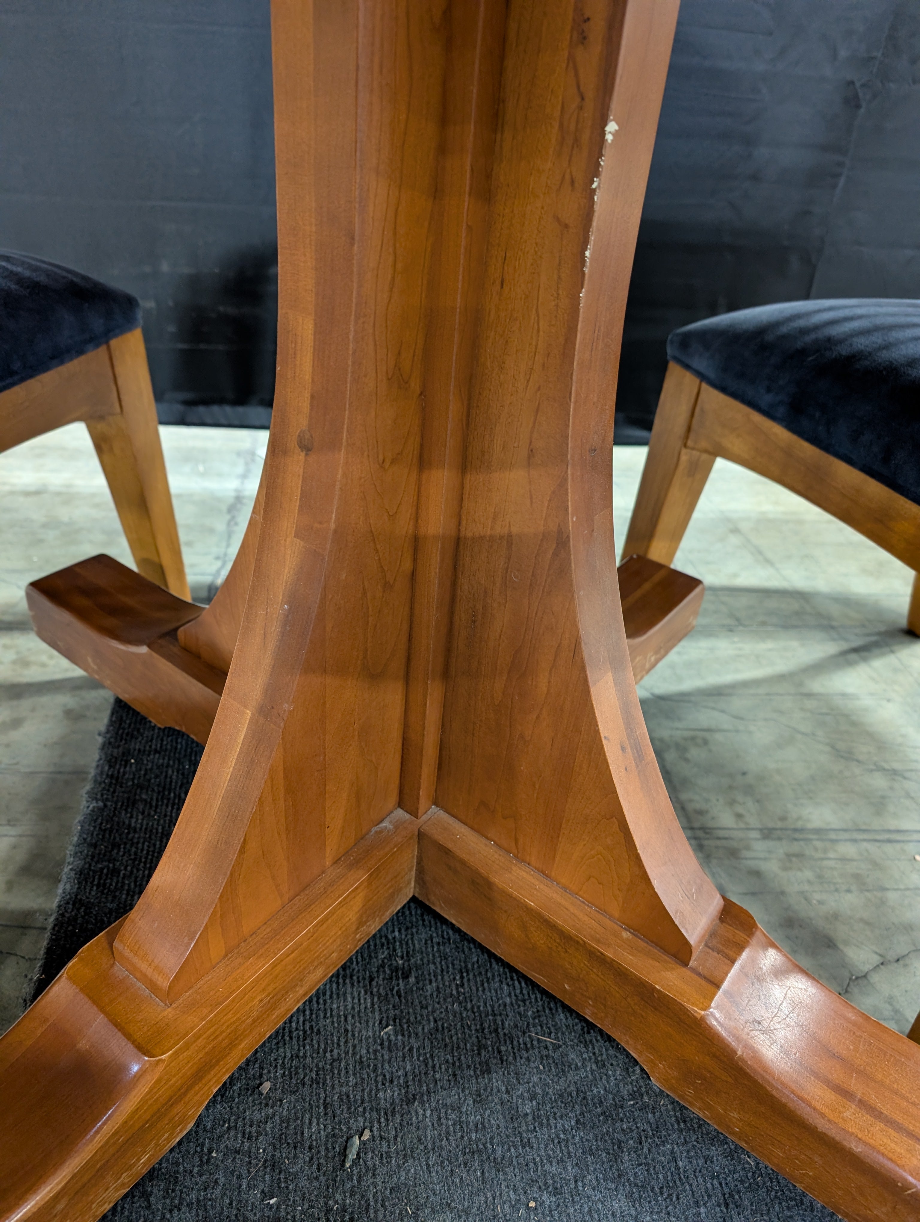 Classic Wood Pedestal Dining Table and Four Slat Back Chairs