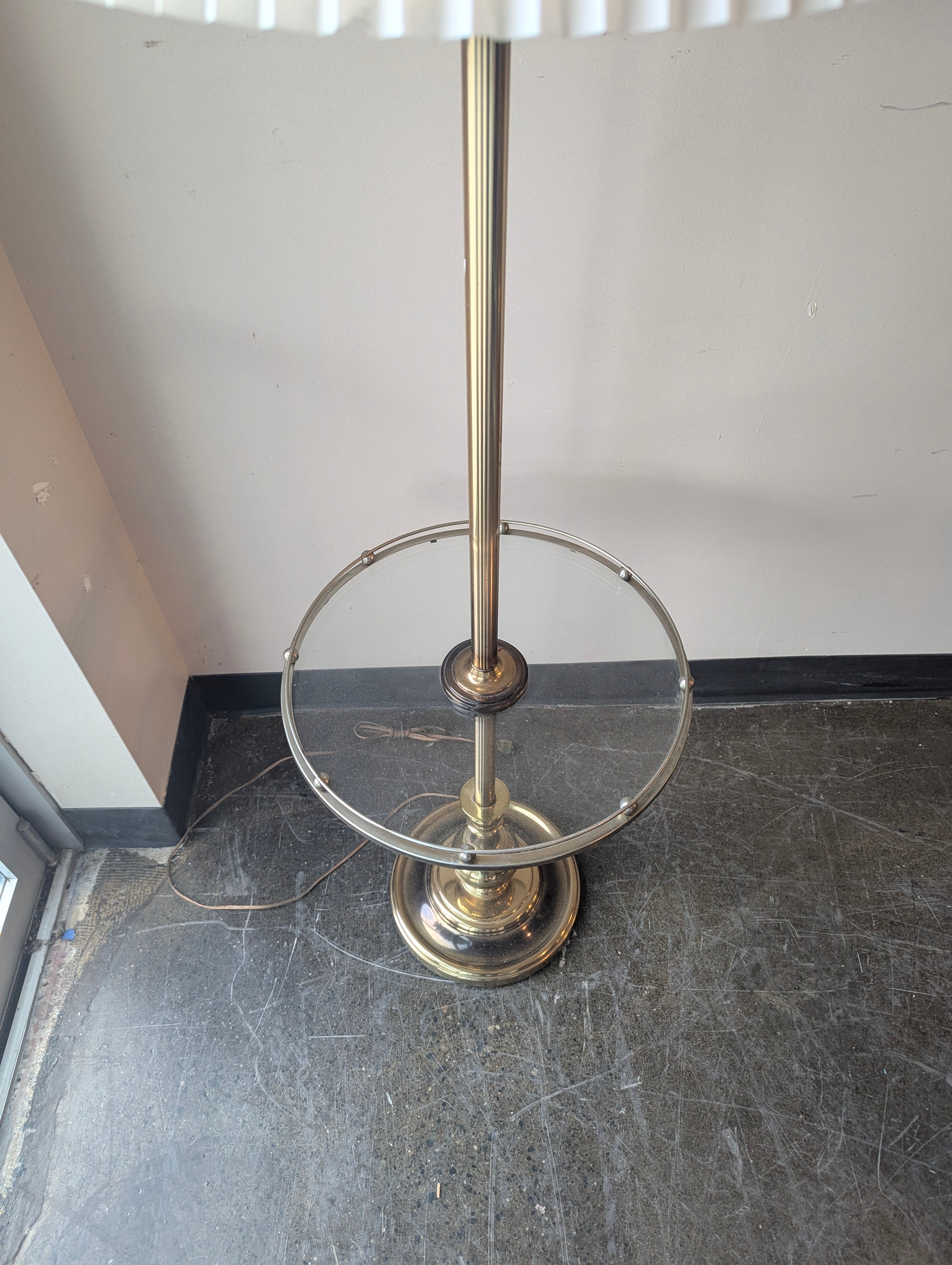 Vintage Gold-Tone Floor Lamp with Integrated Glass Table and Pleated Shade