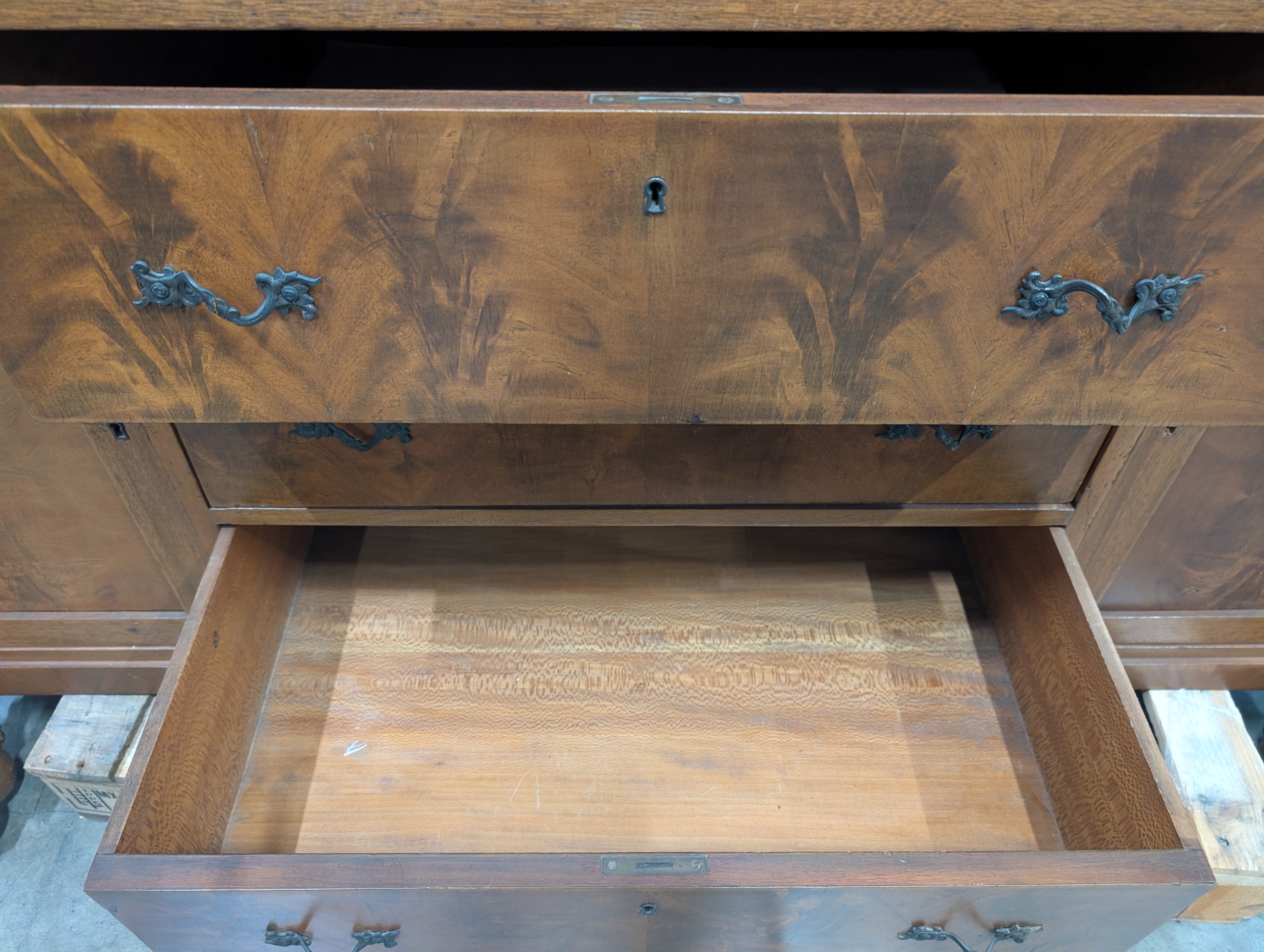 Vintage Wood Sideboard with Ornate Hardware and Fluted Columns