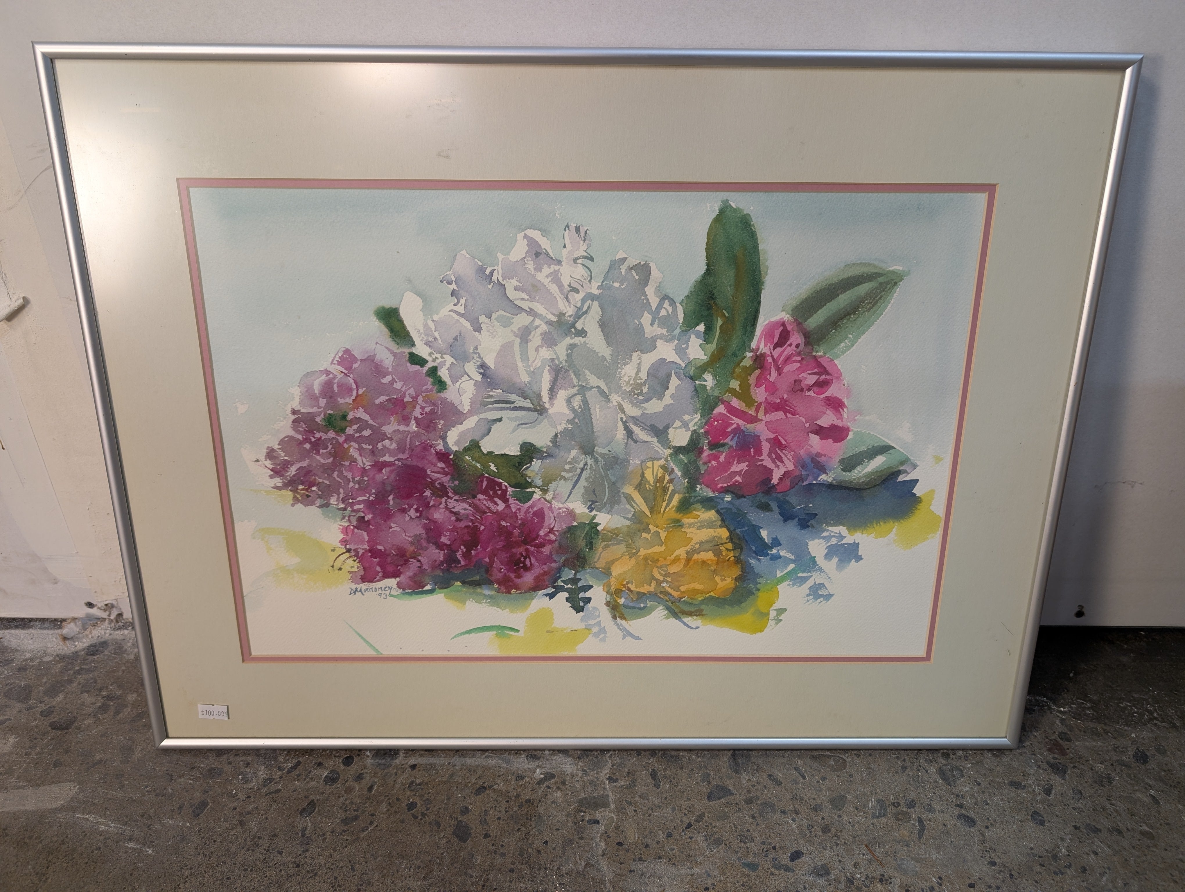 D. Warner Signed Floral Watercolor Painting with Silver Frame