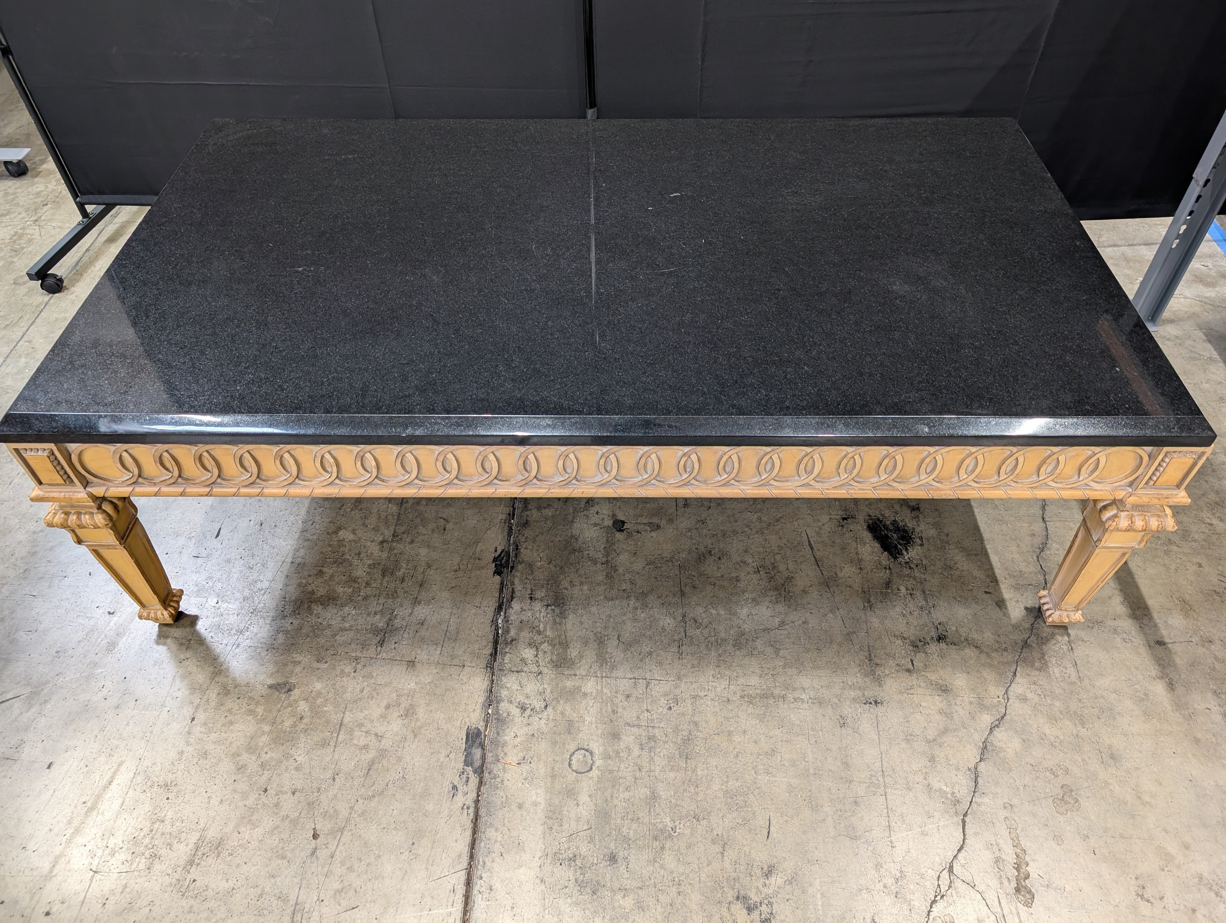 Ornate Carved Wood Base Black Top Rectangular Dining Table
