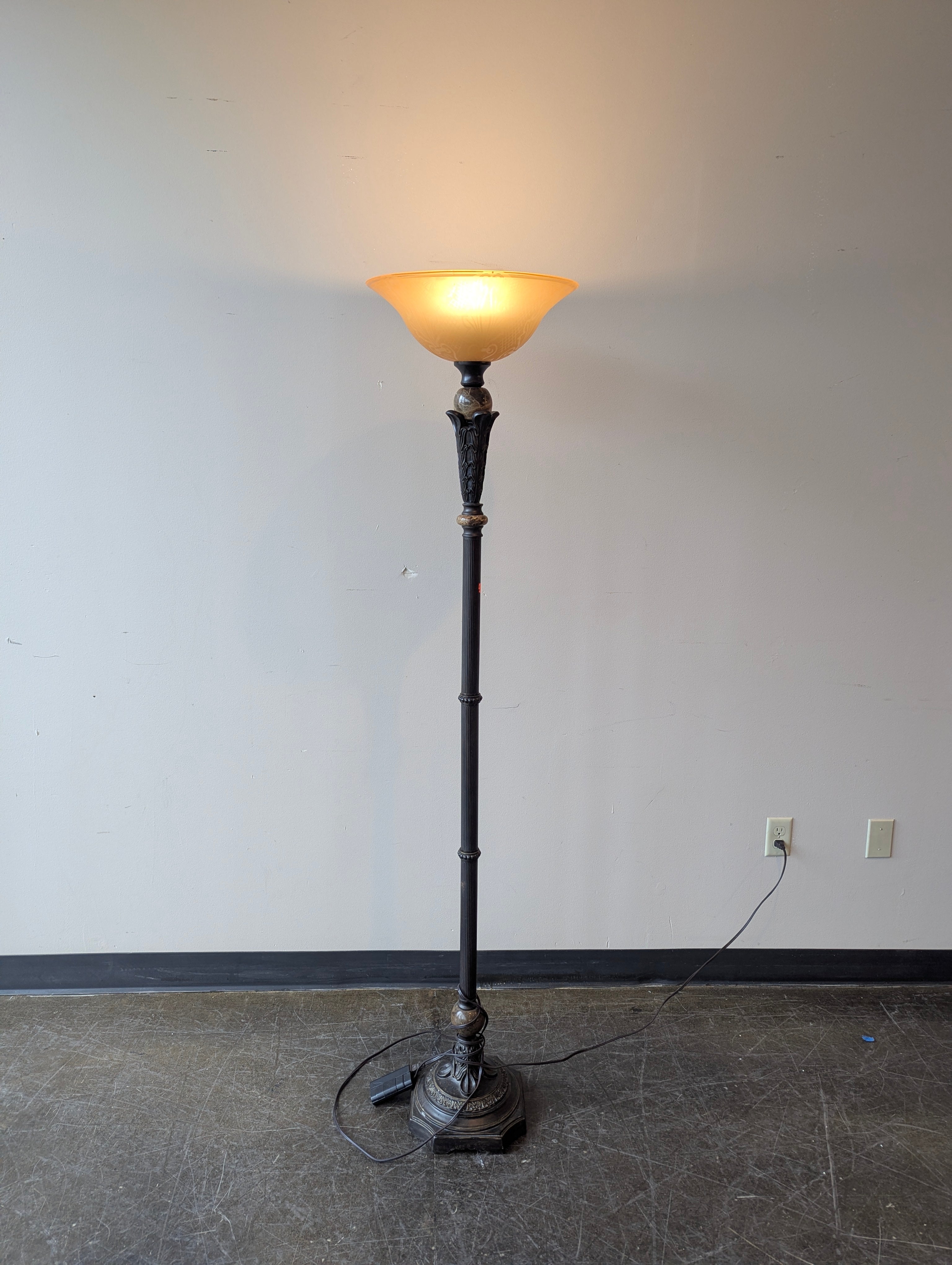 Ornate Dark Metal Torchiere Floor Lamp with Amber Mottled Shade