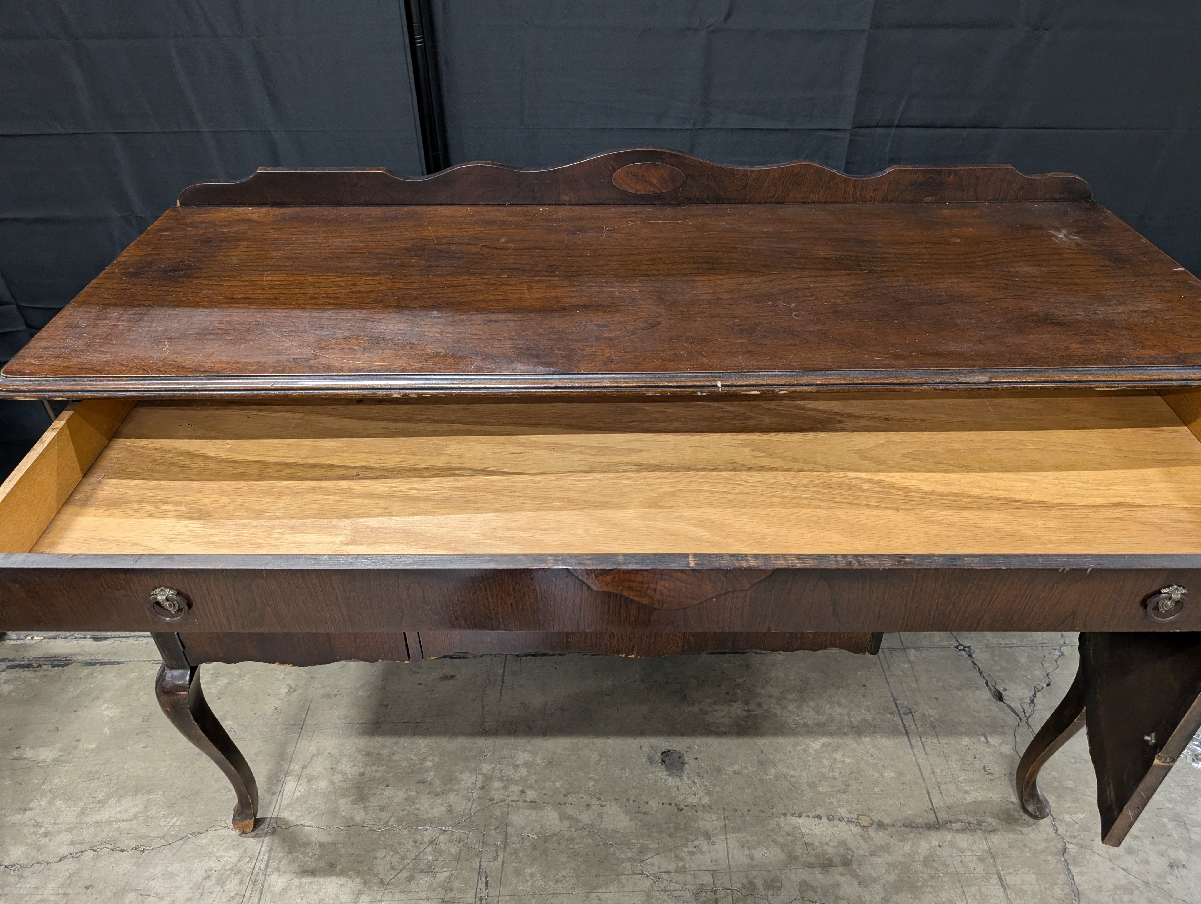 Traditional Dark Wood Buffet Cabinet with Scalloped Back