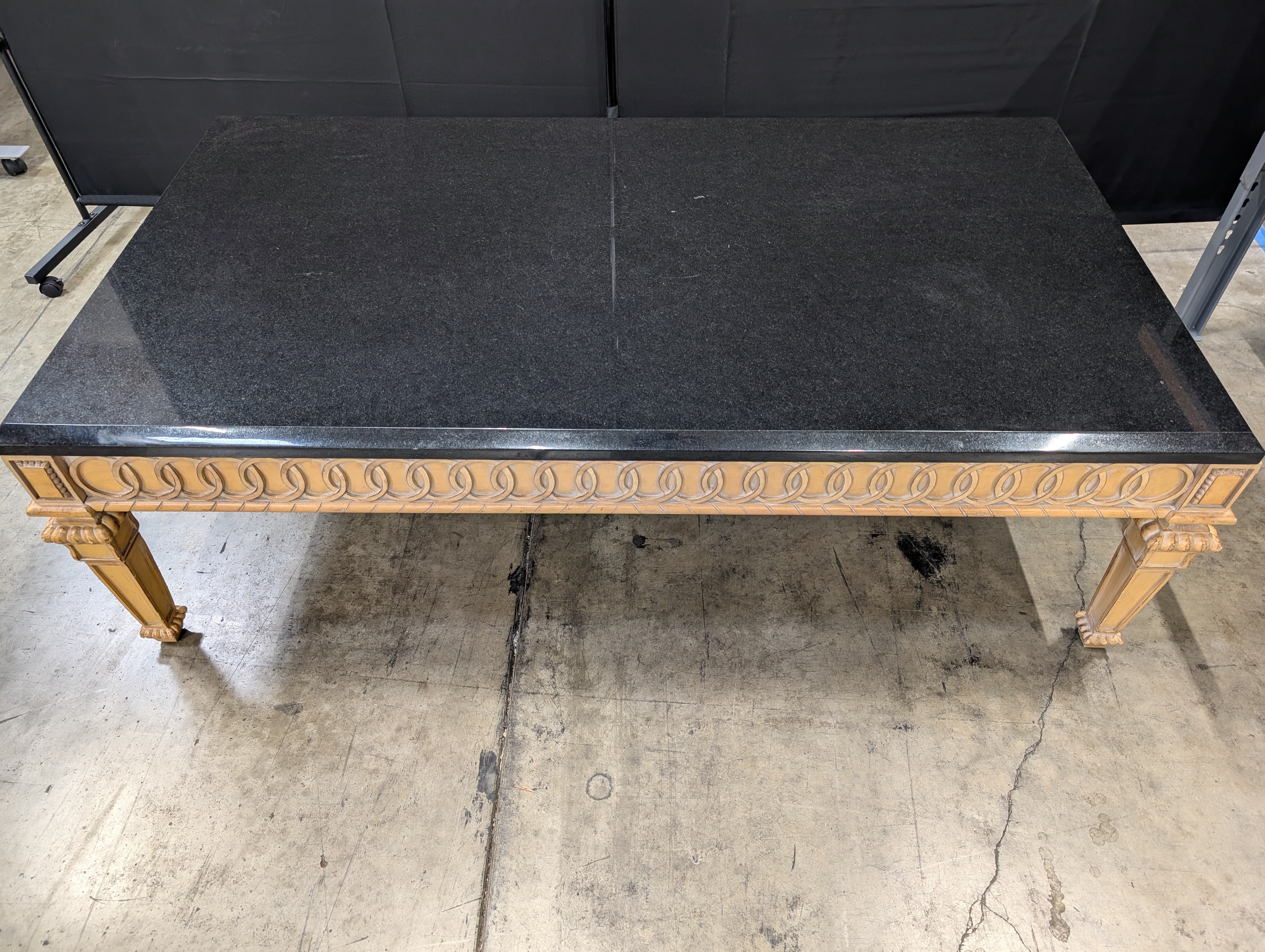 Ornate Carved Wood Base Black Top Rectangular Dining Table