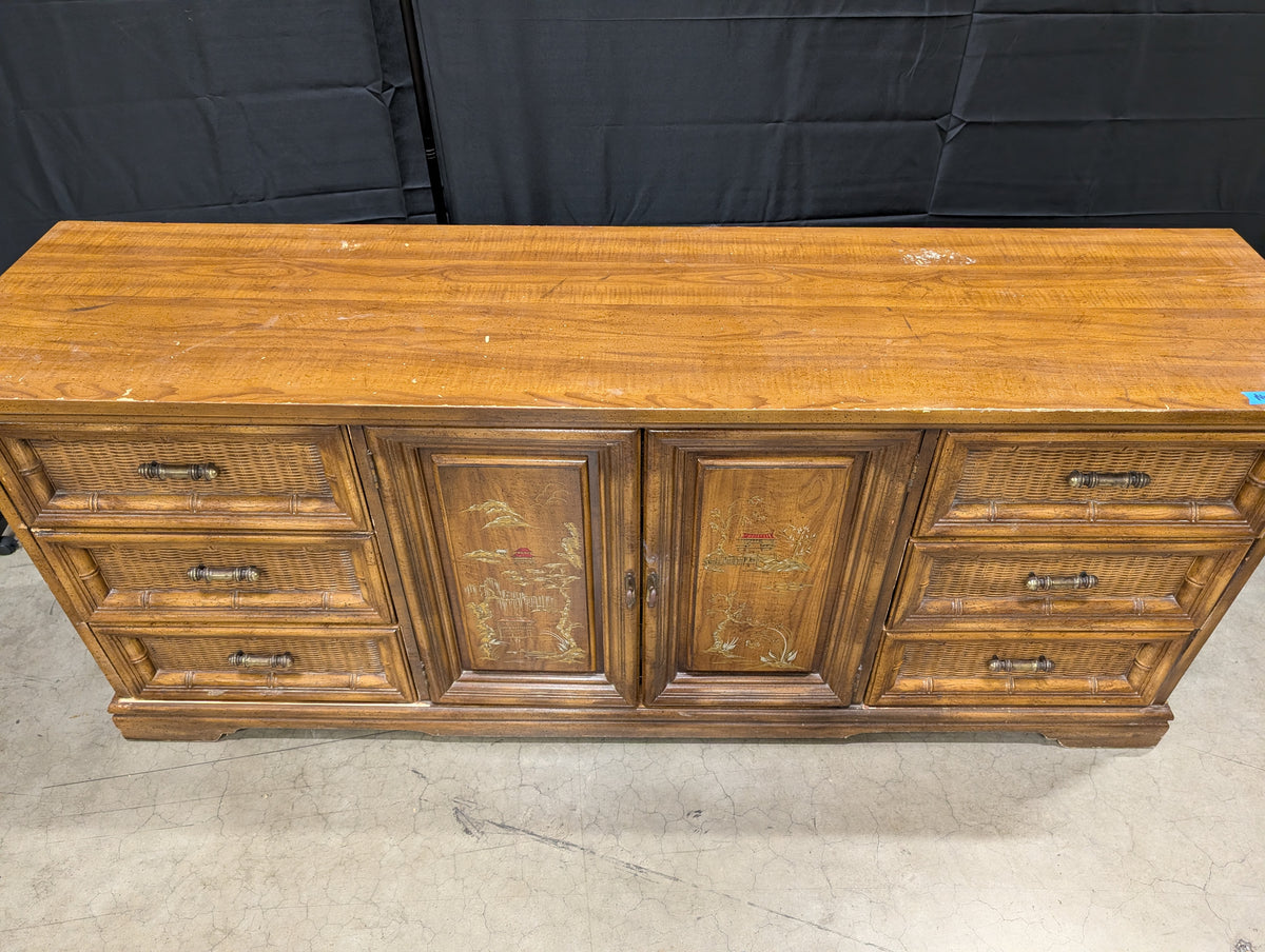 Vintage Bamboo Style Dresser with Carved Panels