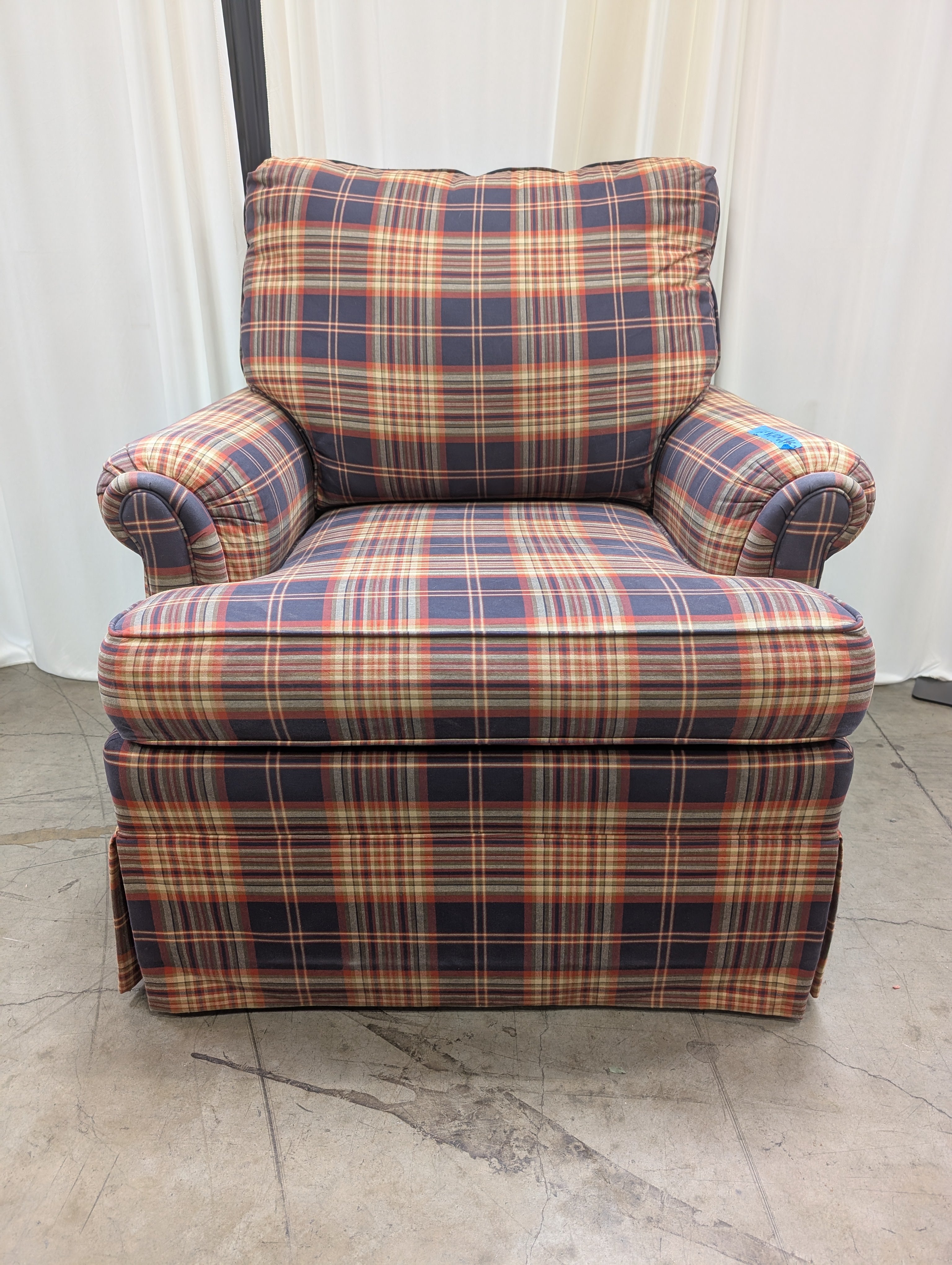 Ethan Allen Multi-Color Plaid Textile Armchair and Ottoman