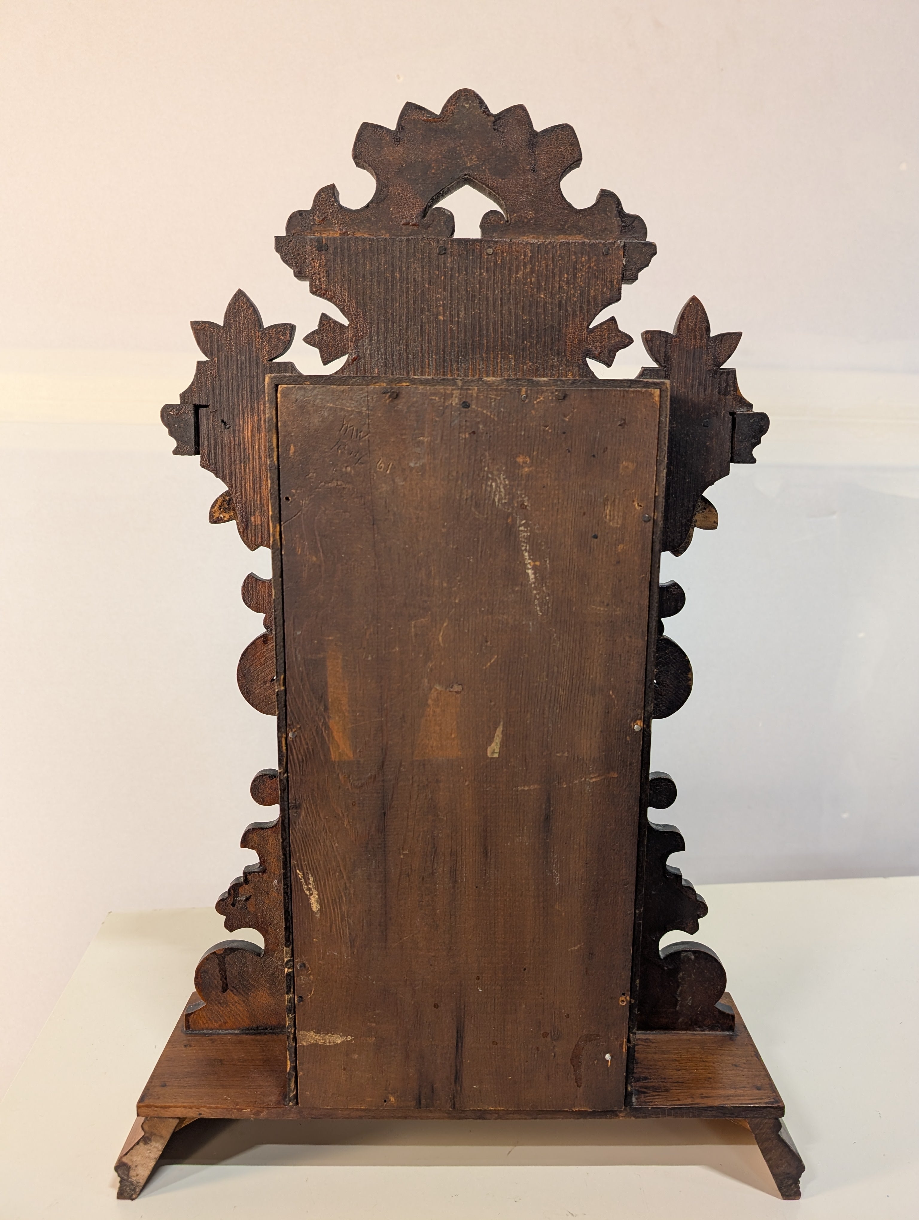 Vintage Carved Wood Mantel Clock with Pendulum and Thermometer