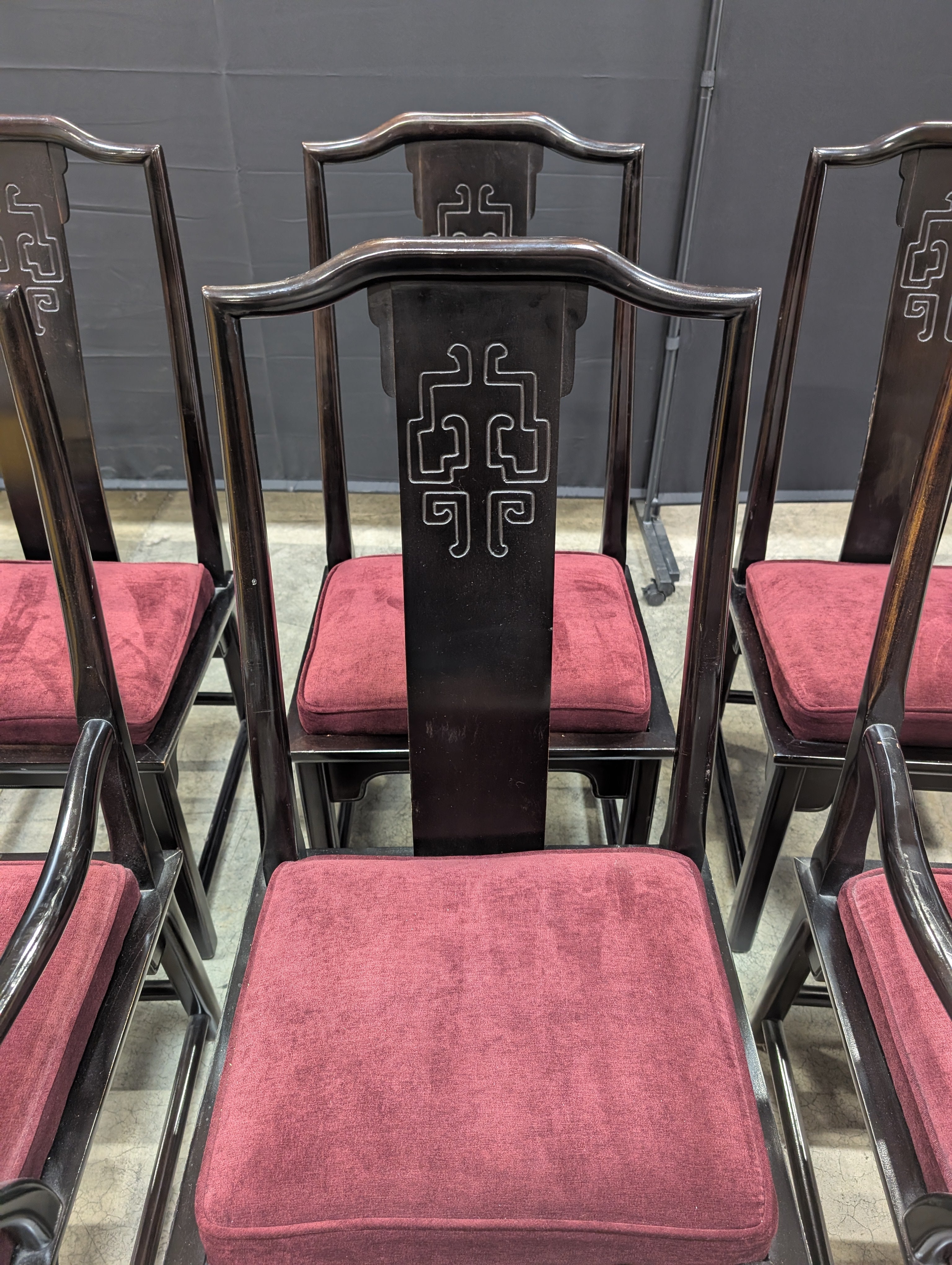 Set of Six Century Furniture INC. Black Lacquer Dining Chair with Burgundy