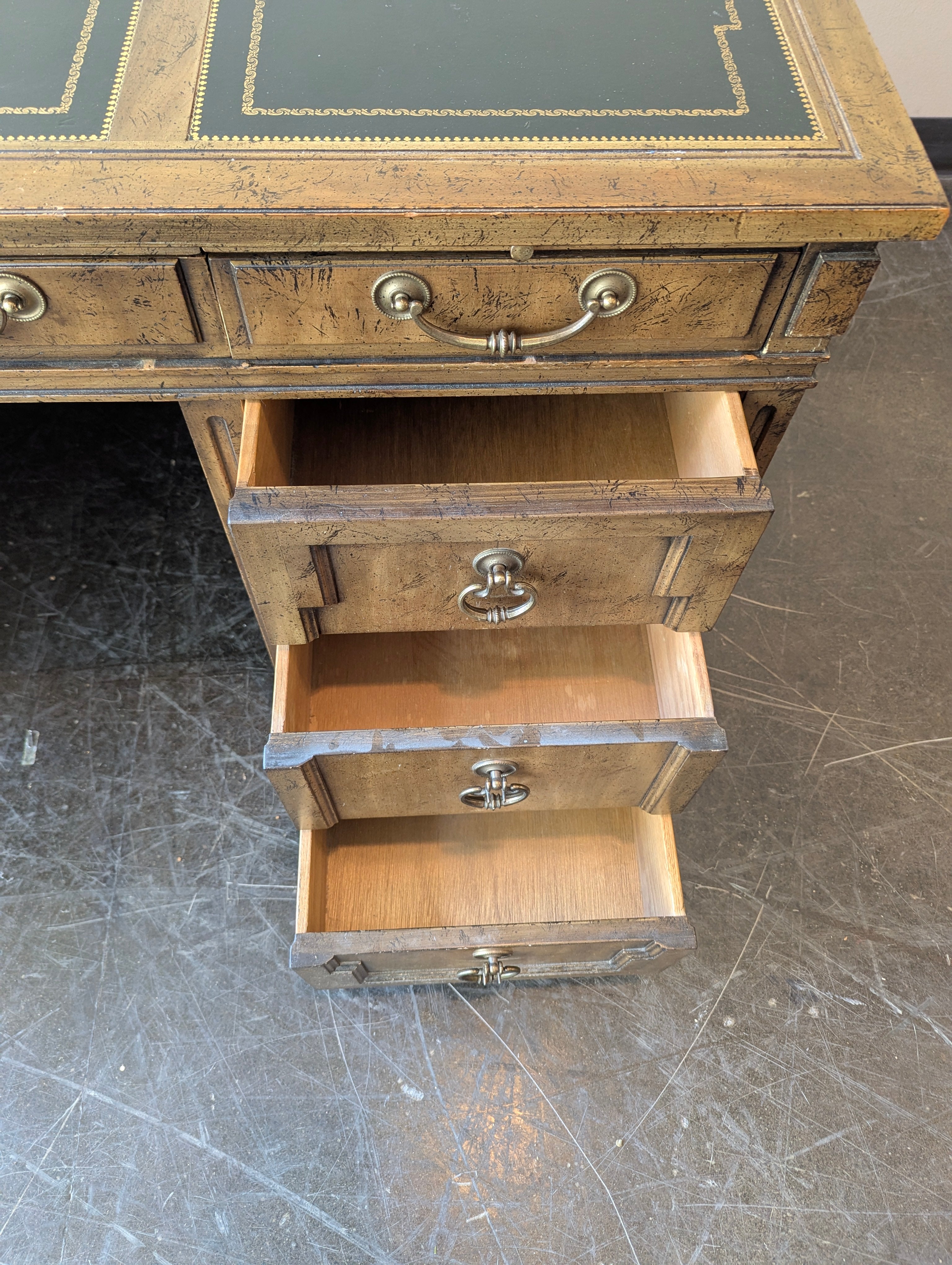 Vintage Style Pedestal Desk with Tooled Leather Top