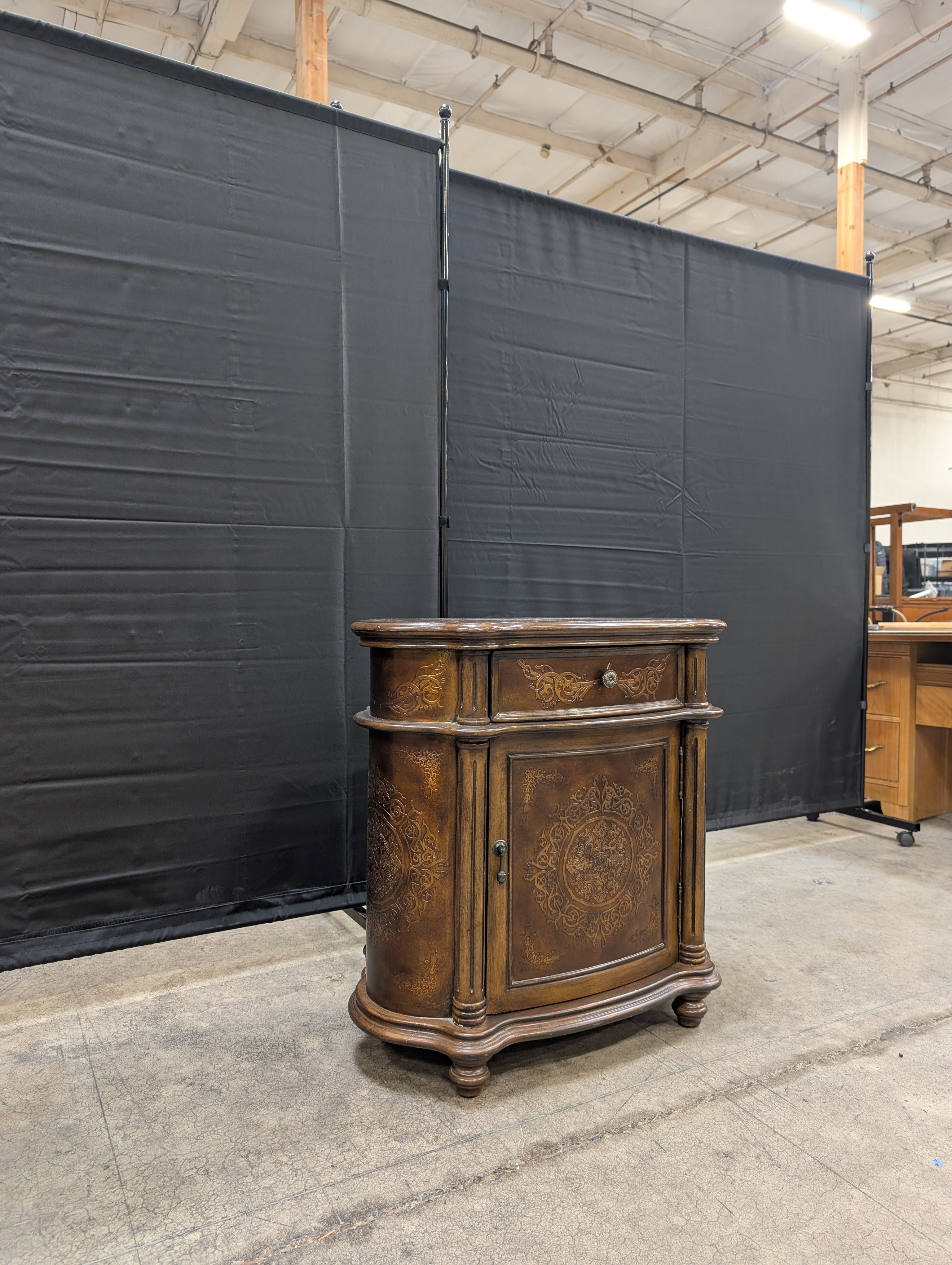 Ornate Dark Wood Accent Cabinet with Drawer