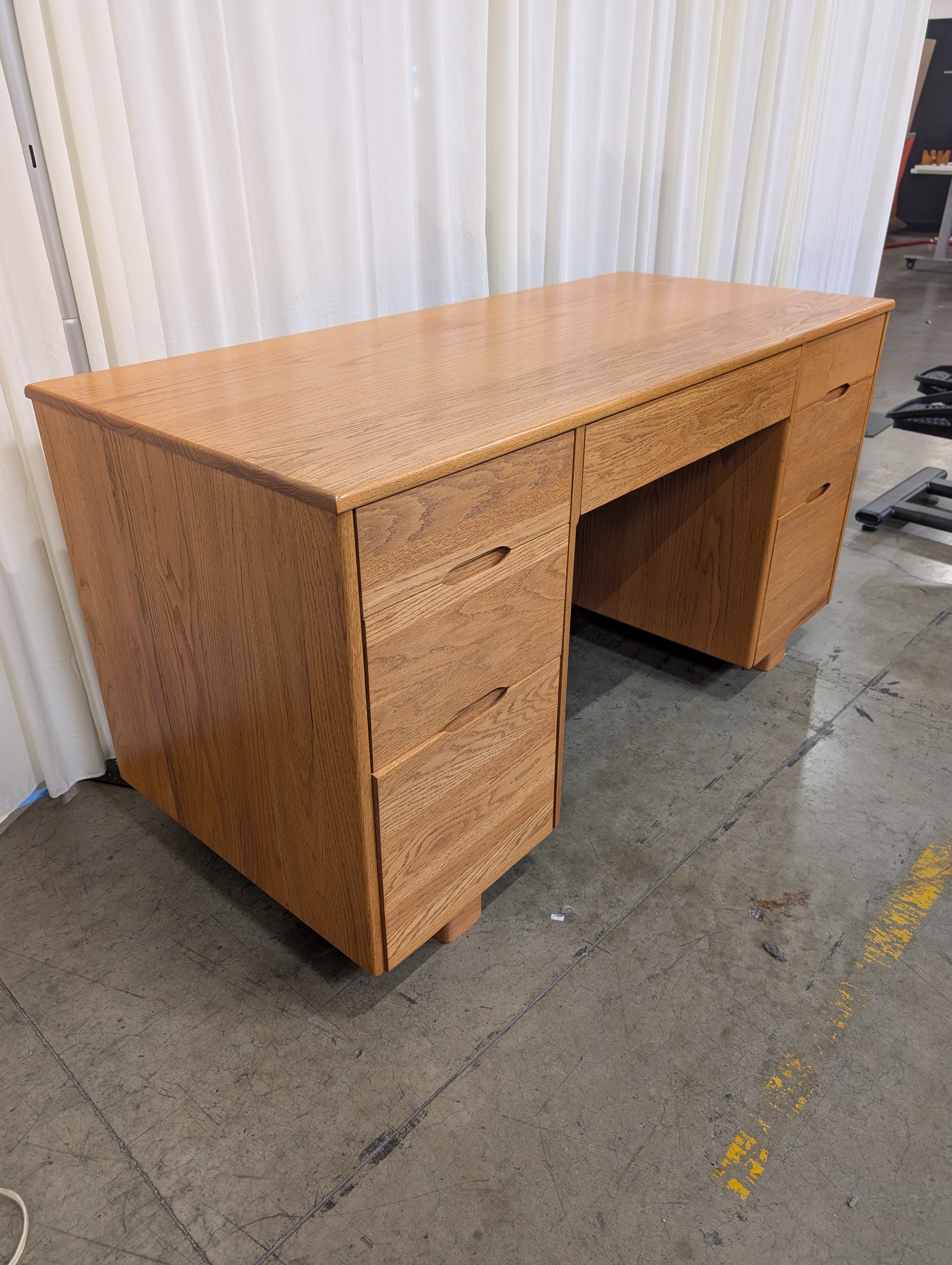 Mid-Century Modern Light Wood Desk with Five Drawers