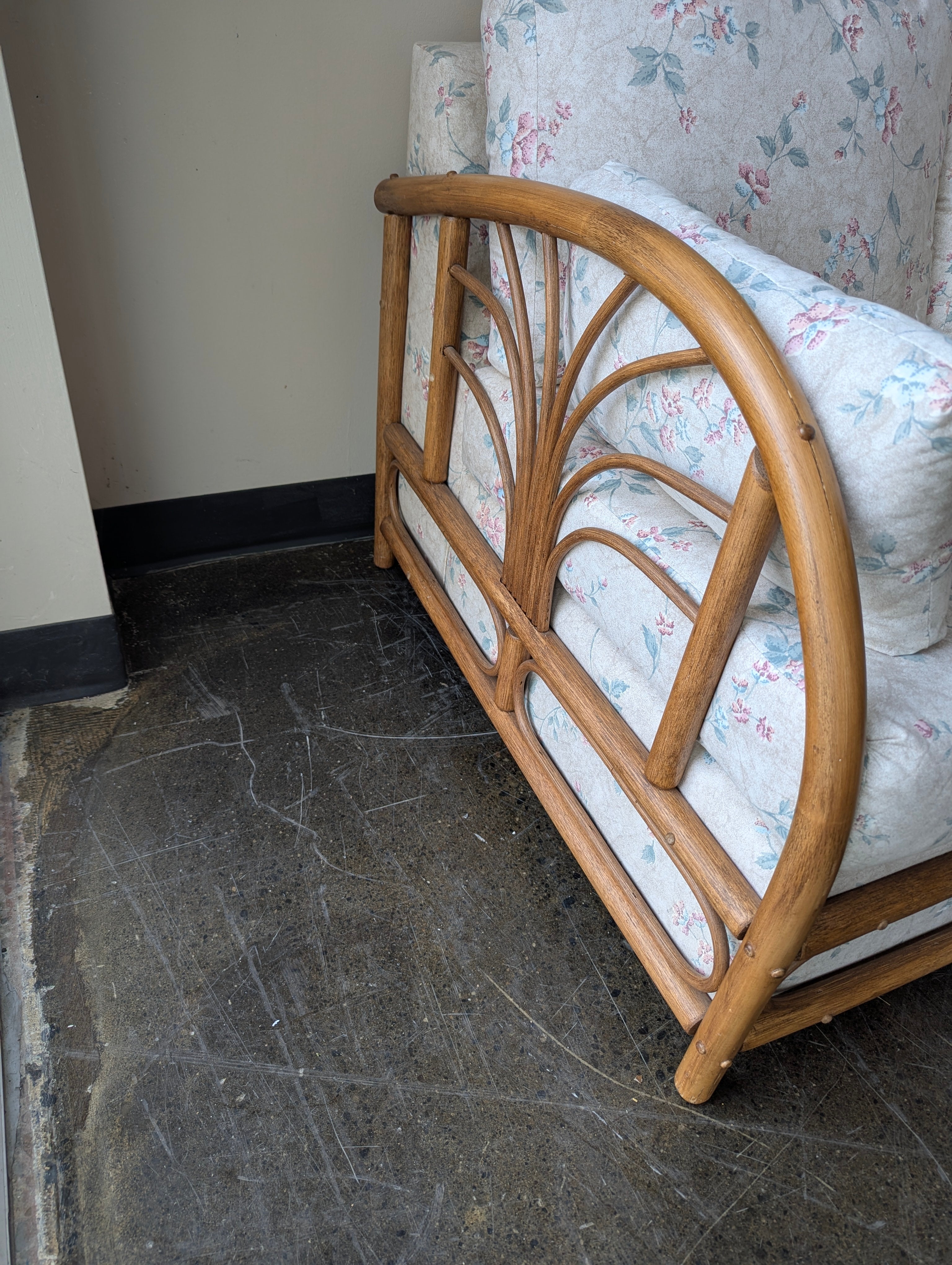 Vintage Rattan Three-Seat Sofa with Floral Upholstery
