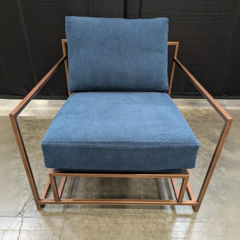 Contemporary Metal Frame Armchair with Deep Blue Cushions