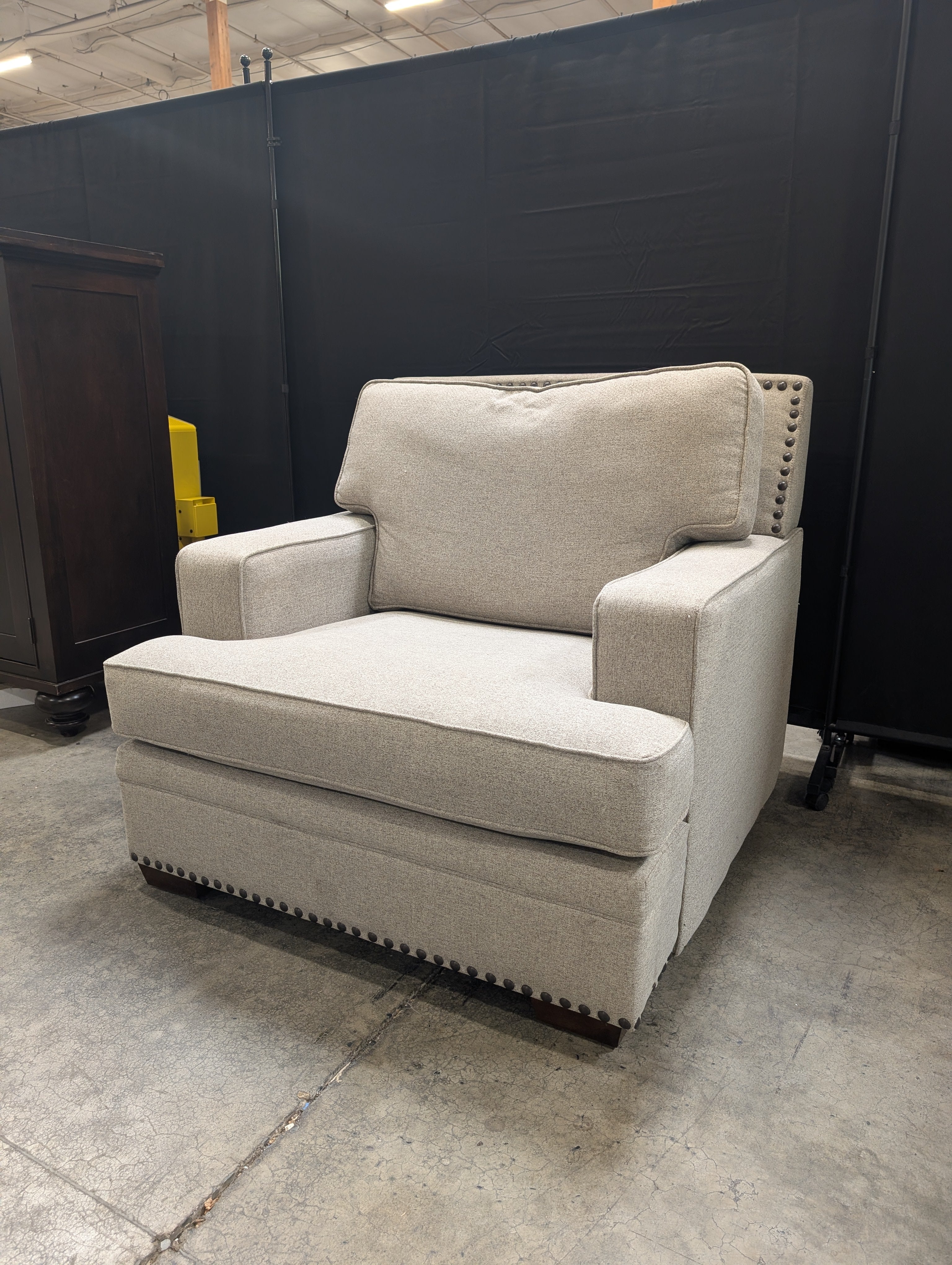 Grey Fabric Upholstered Armchair with Nailhead Trim