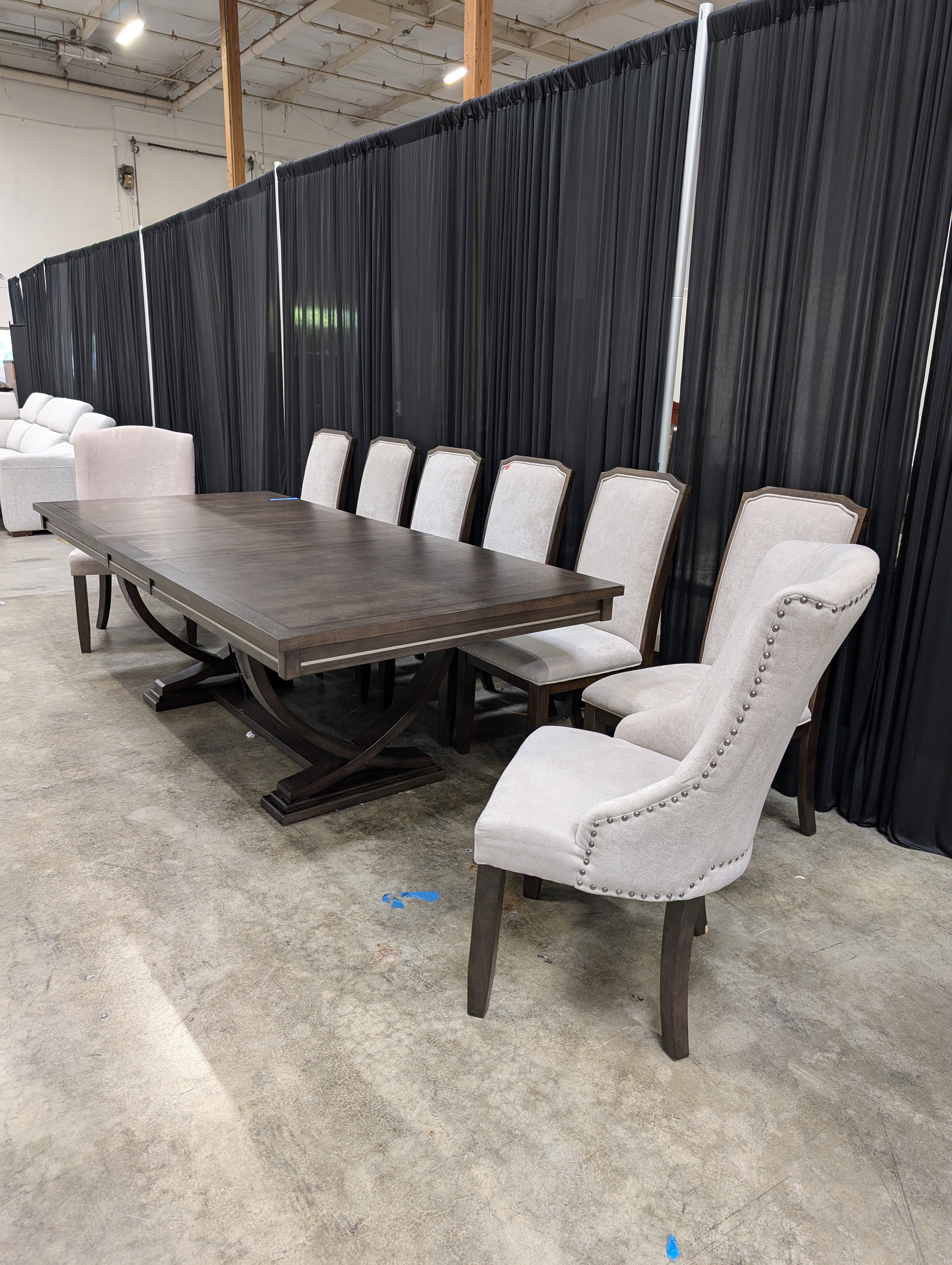 Ashley Zimbroni 10 Piece Dining Set, 96 Inch Extension Trestle Table with 7 Fretwork Side Chairs and 2 Nailhead Host Chairs