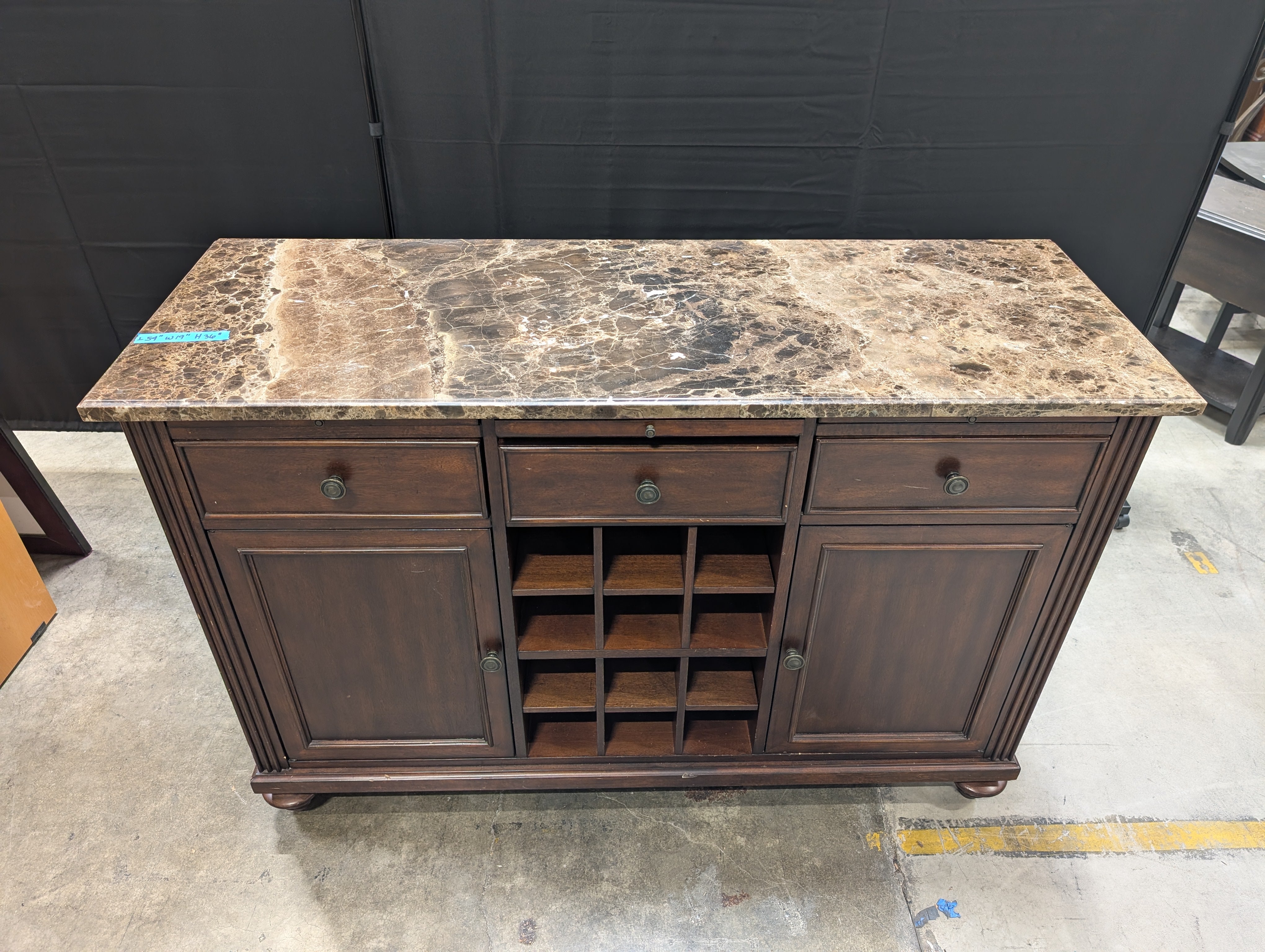 Dark Wood FLEXSTEEL Buffet Cabinet with Stone Top and Wine Storage