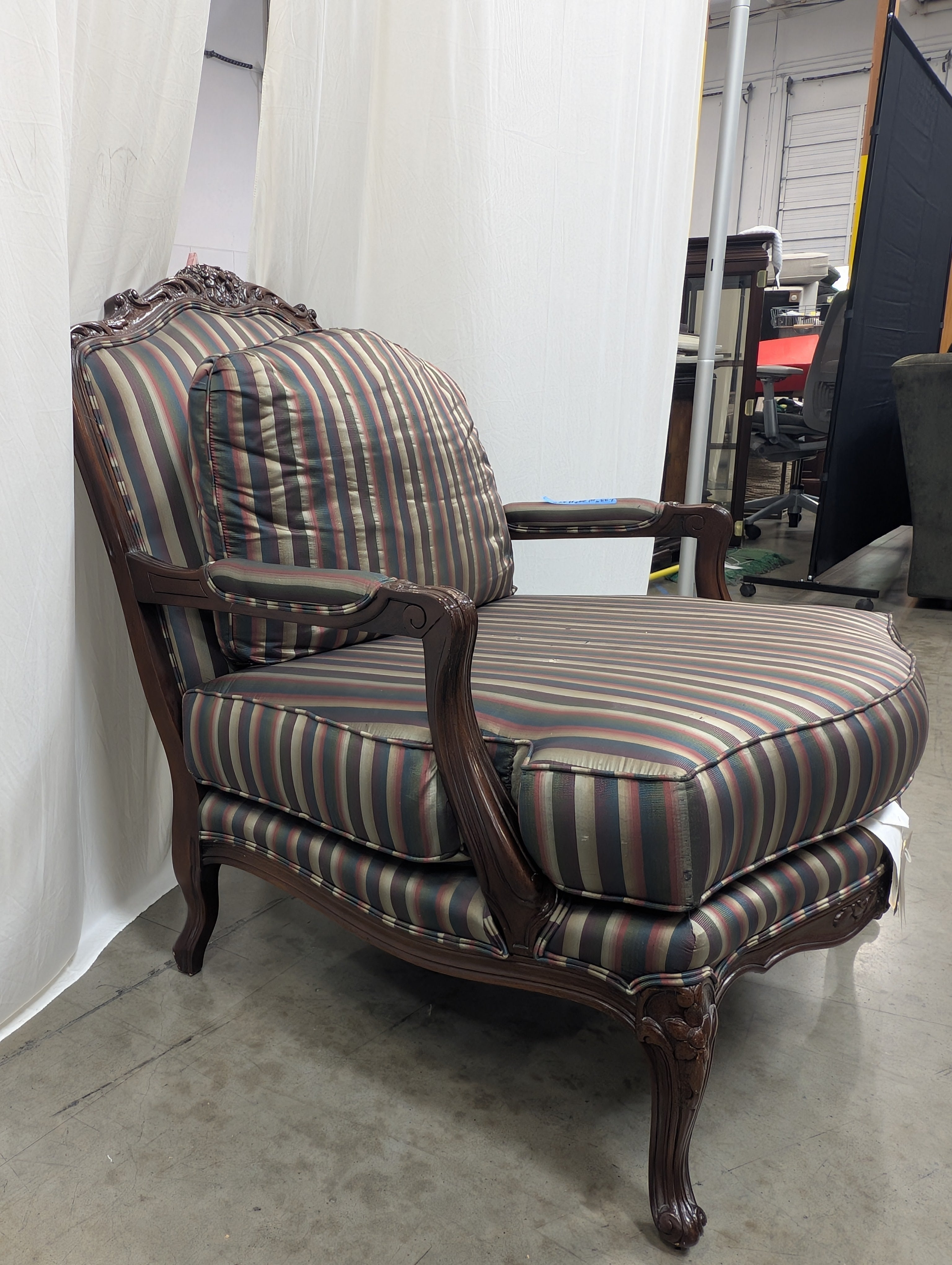 Carved Wood Drexel Accent Armchair with Striped Upholstery