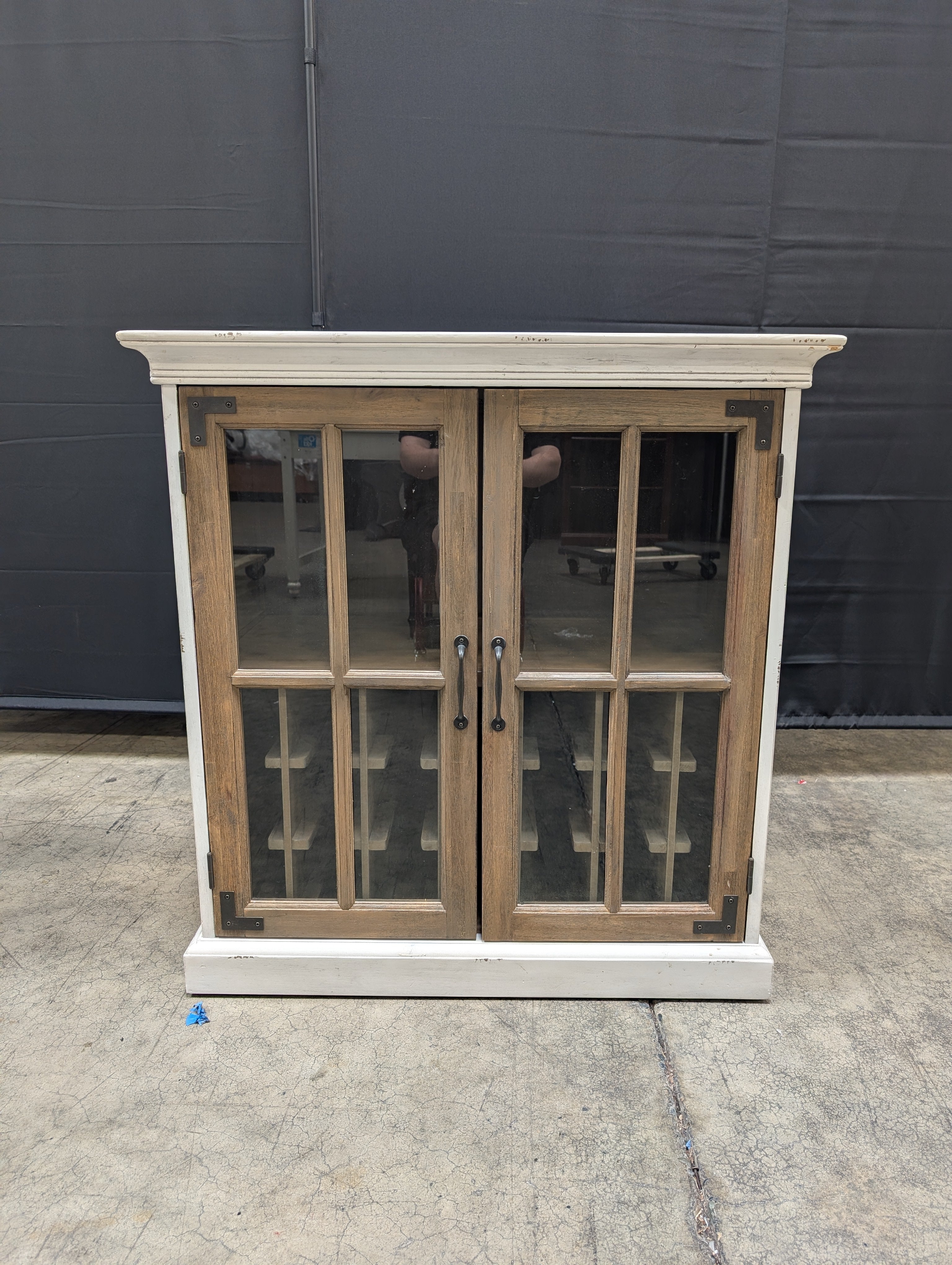 Two-Tone Distressed White Wine Cabinet with Glass Doors