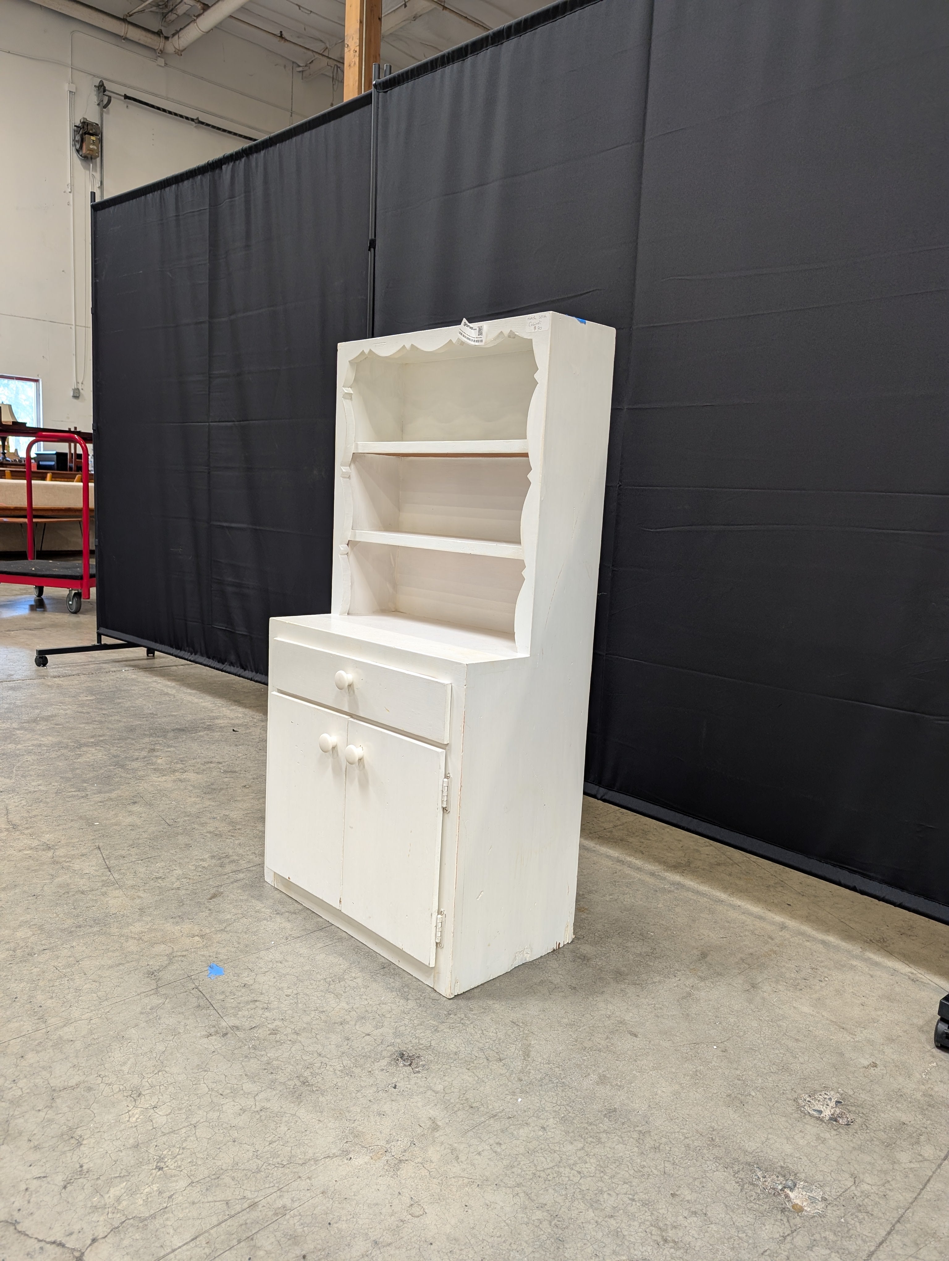 Charming Child Size White Wooden Display Shelf and Storage Cabinet