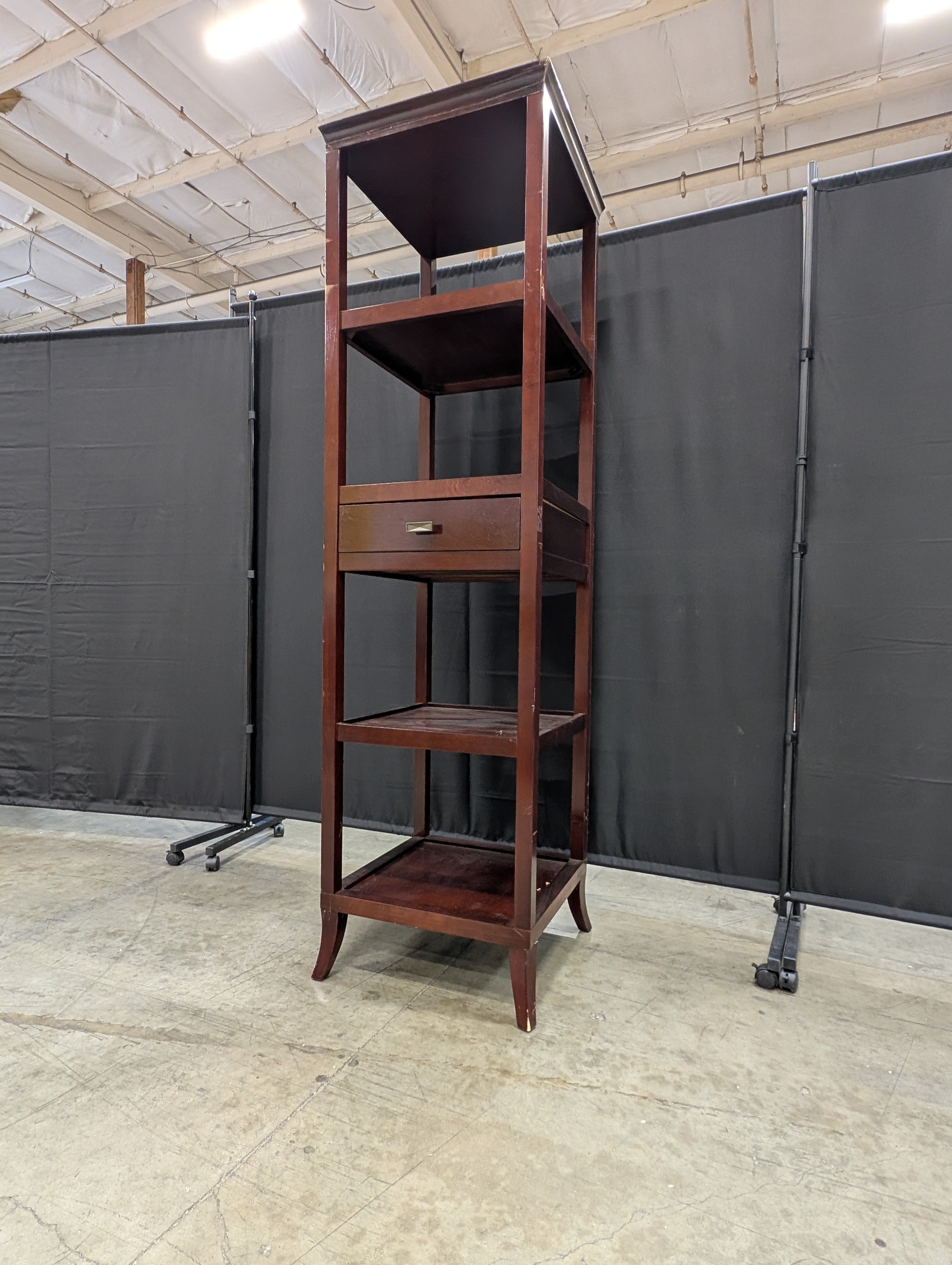 Tall Dark Wood Display Shelf with Single Drawer