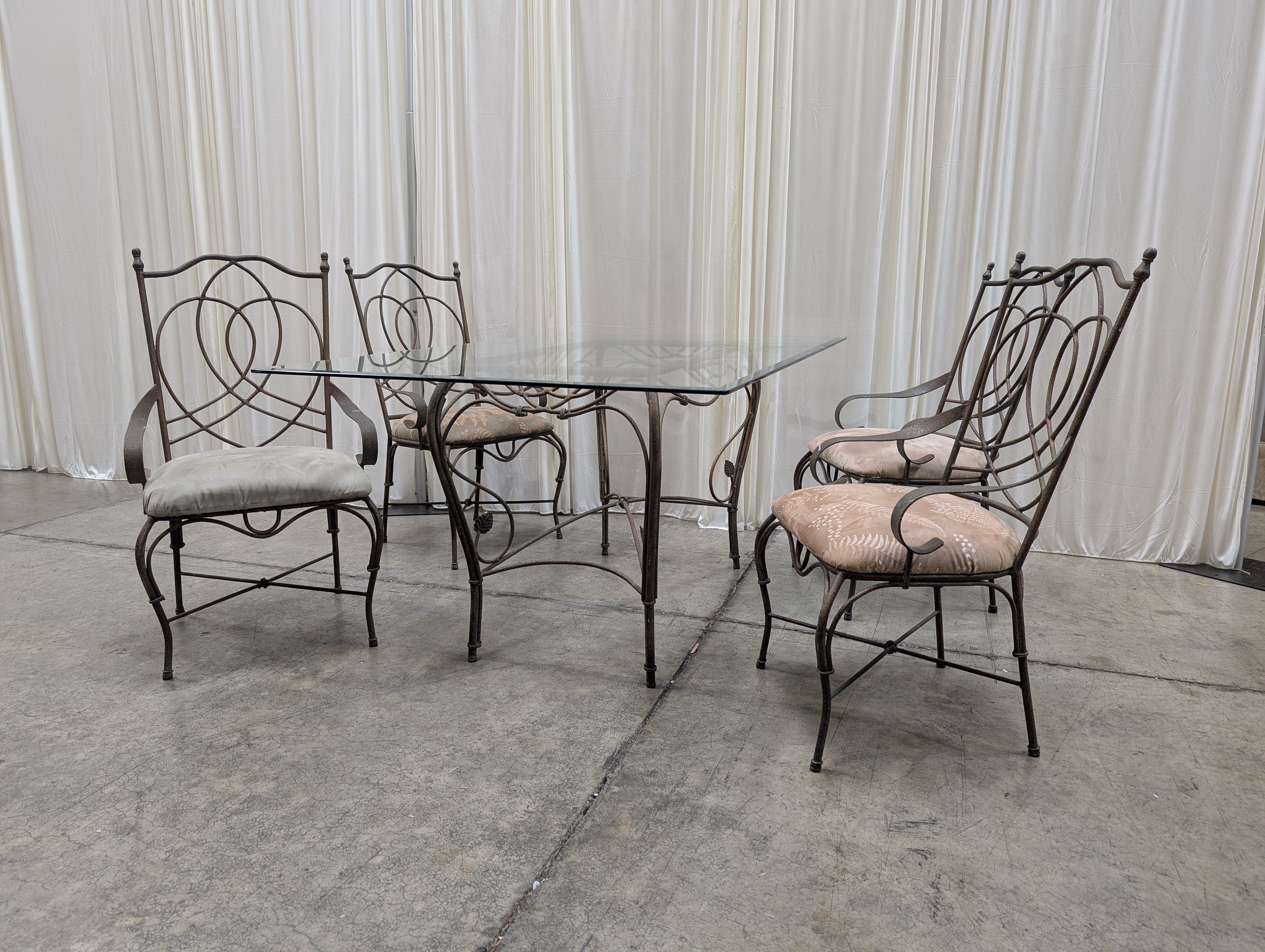 Ornate Bronze Metal Dining Chairs with  Glass Top Table