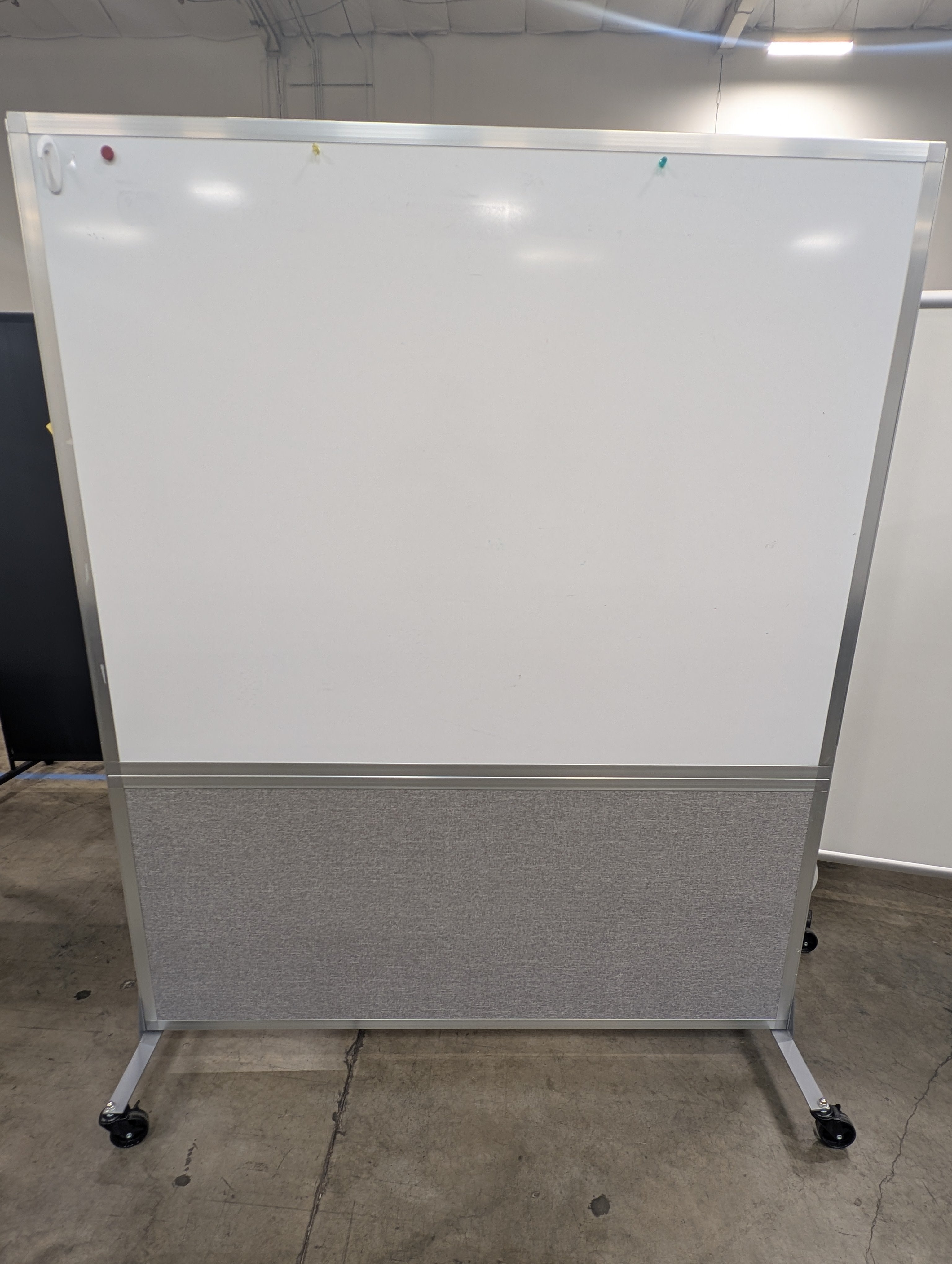 Rolling Office Partition with Whiteboard and Grey Fabric Panel