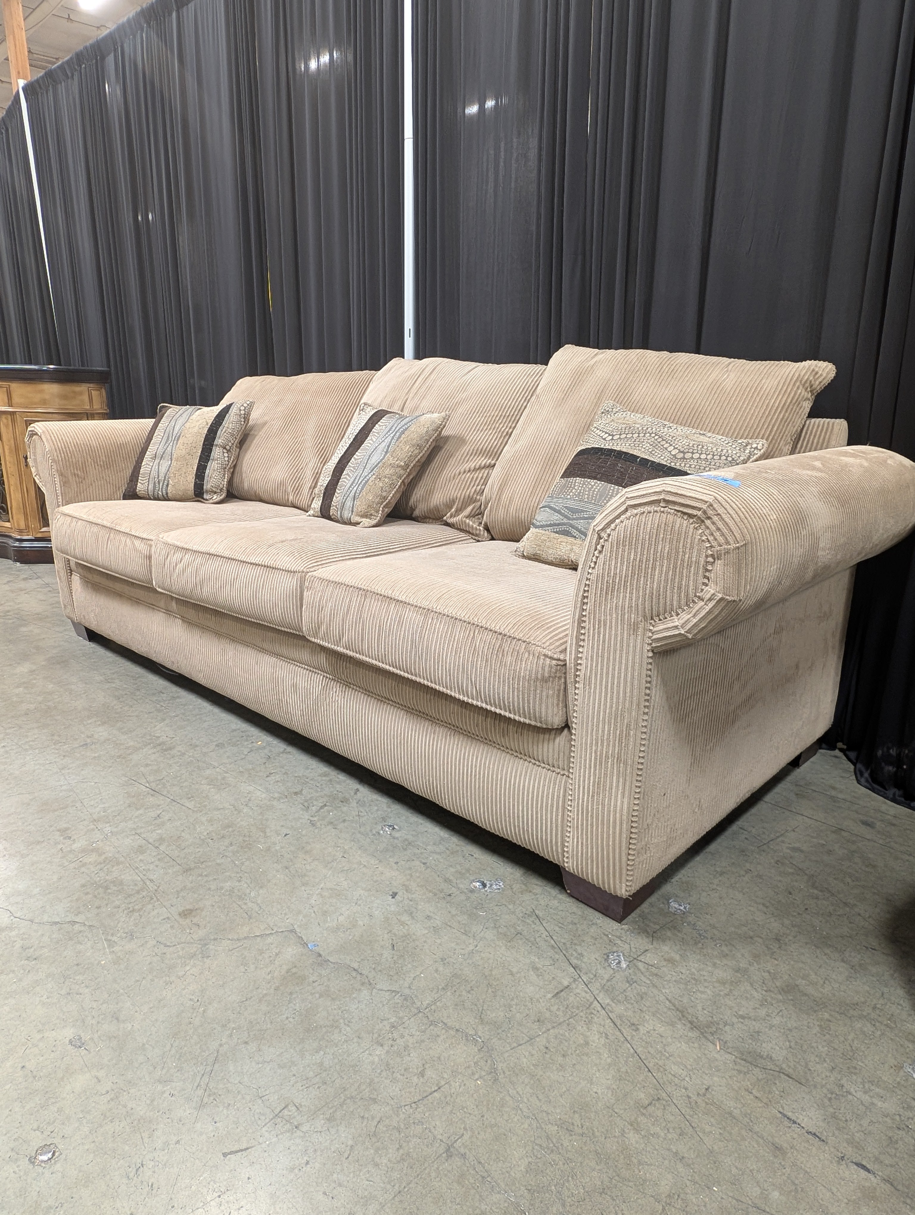 Three-Seat Tan Roll-Arm Couch in Corduroy