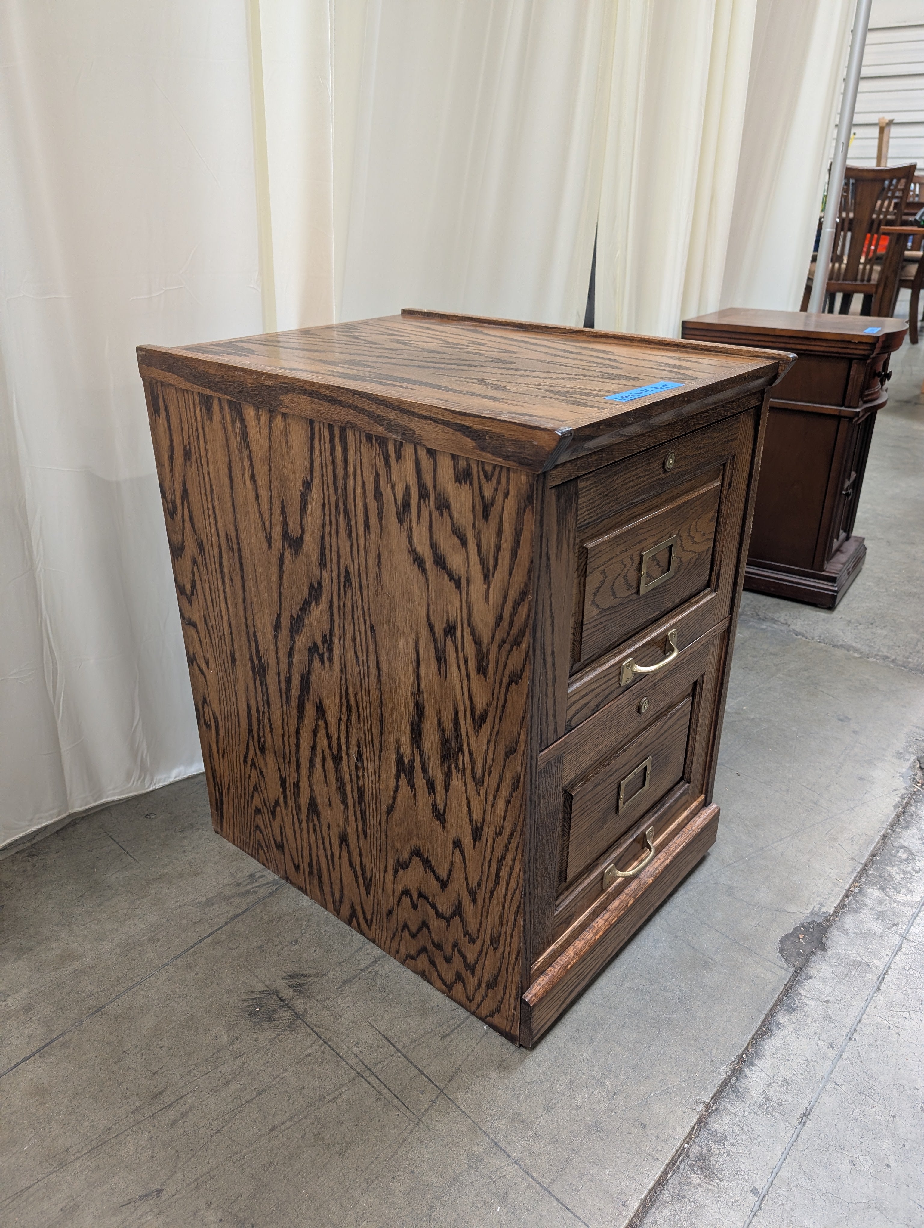 Dark Brown Wood Three-Drawer Filing Cabinet with Brass Hardware
