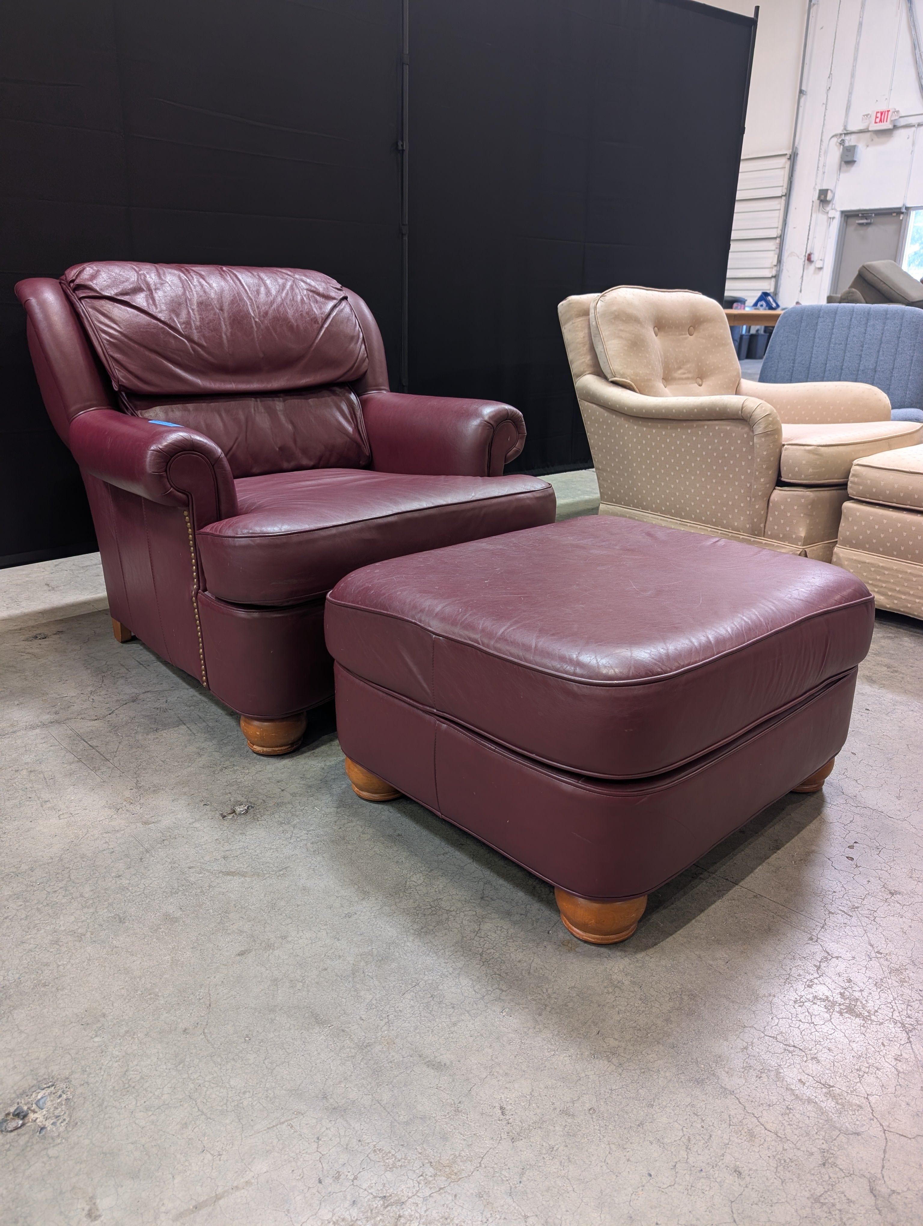Deep Red Thomasville Leather Club Chair and Ottoman Set