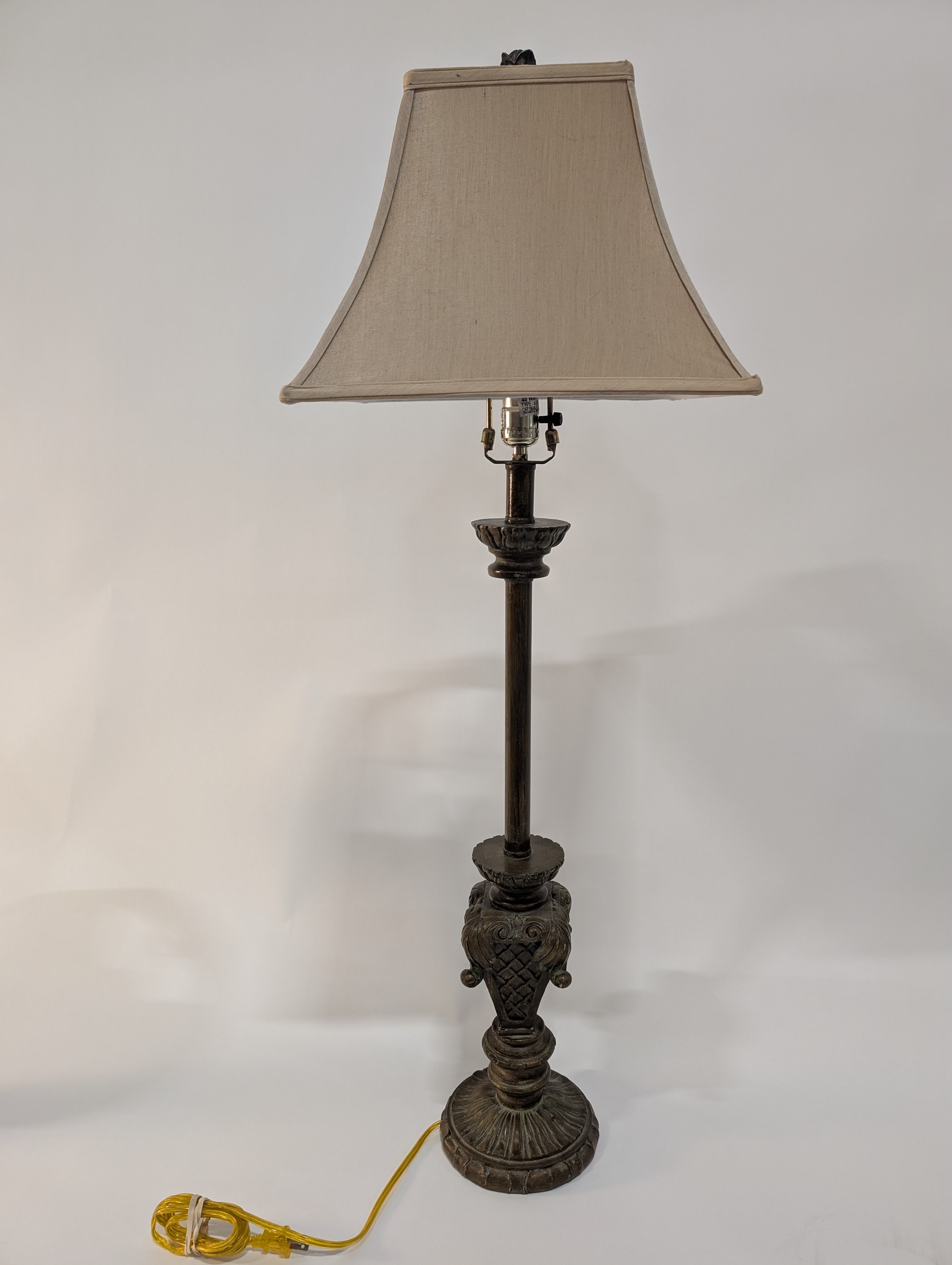 Ornate Metal Floor Lamp with Tapered Fabric Shade
