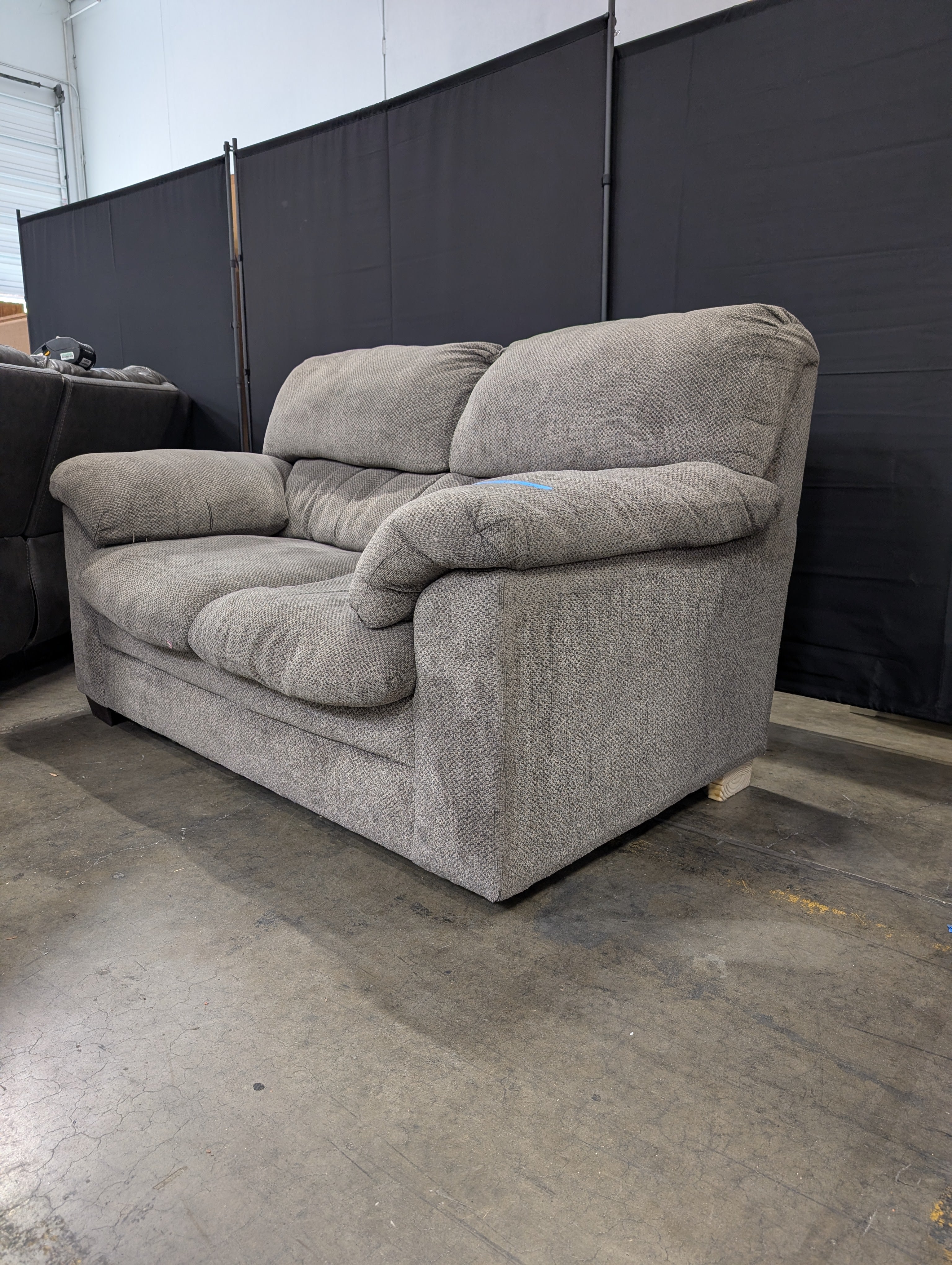Plush Grey Fabric Two-Seater Sofa with Accent Pillows