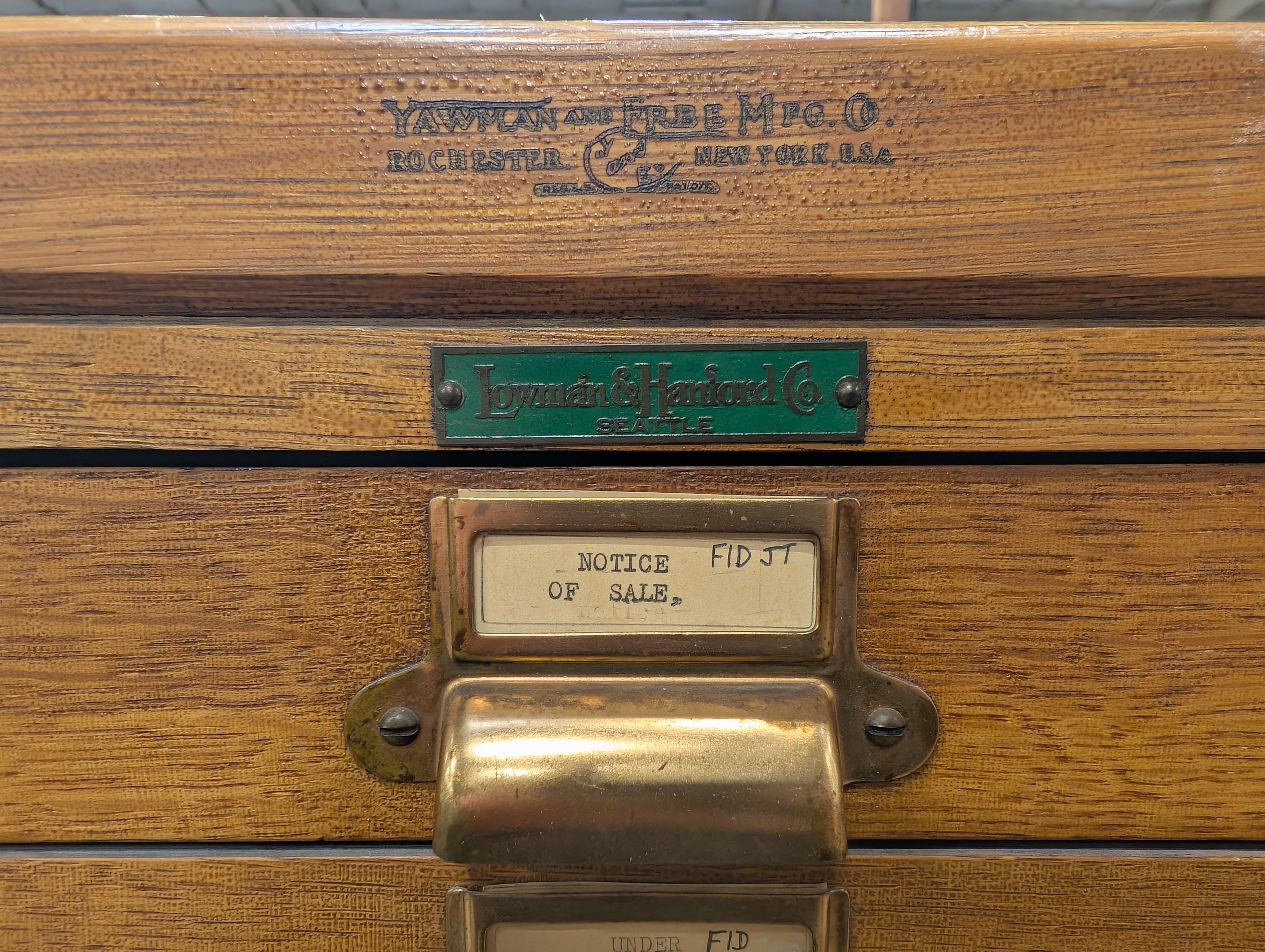 Vintage Yawman & Erbe Manufacturing Co. Oak Multi-Drawer Filing Cabinet with Brass Hardware