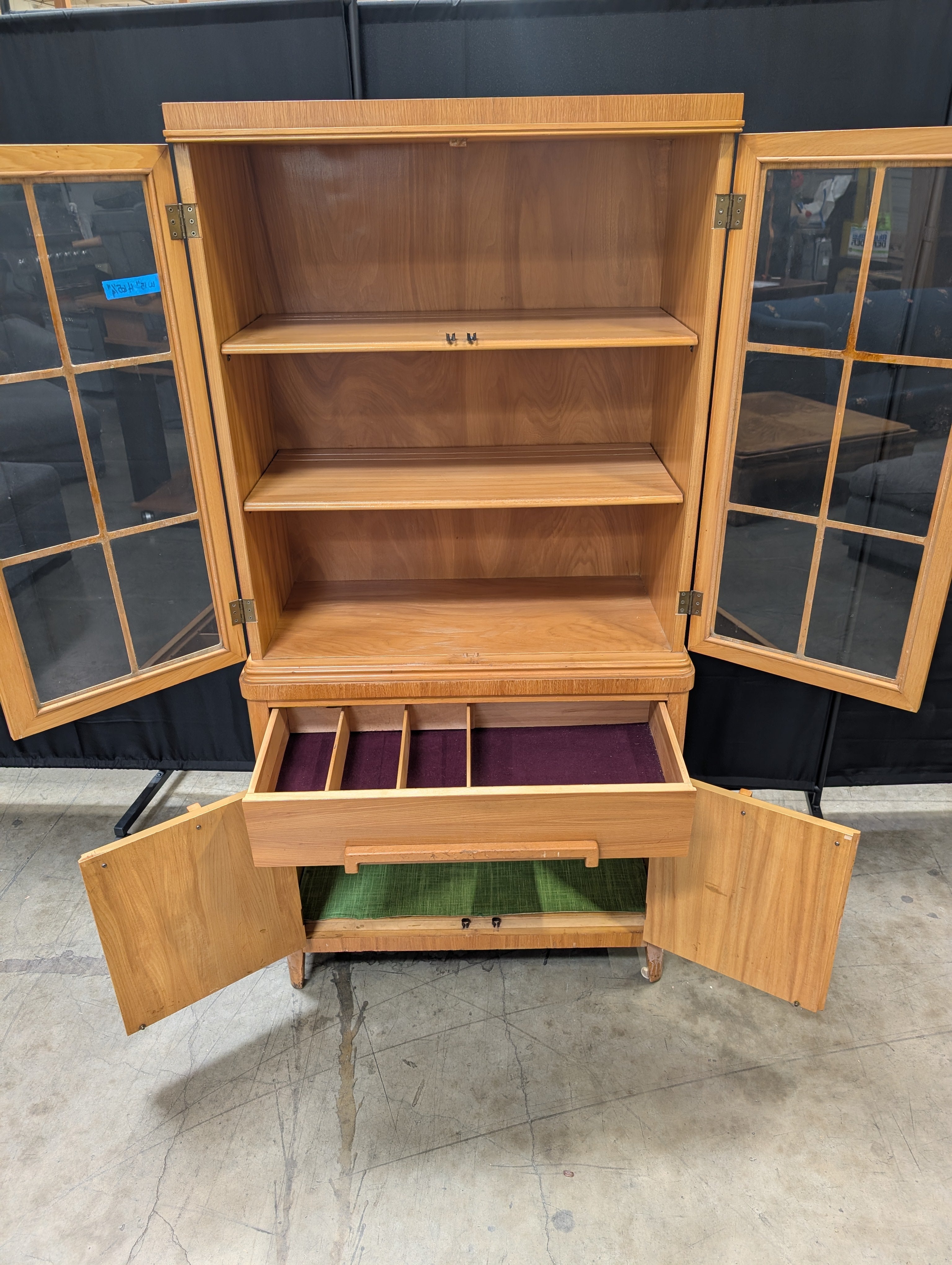 Hardwood Display Cabinet with Glass Doors and Storage