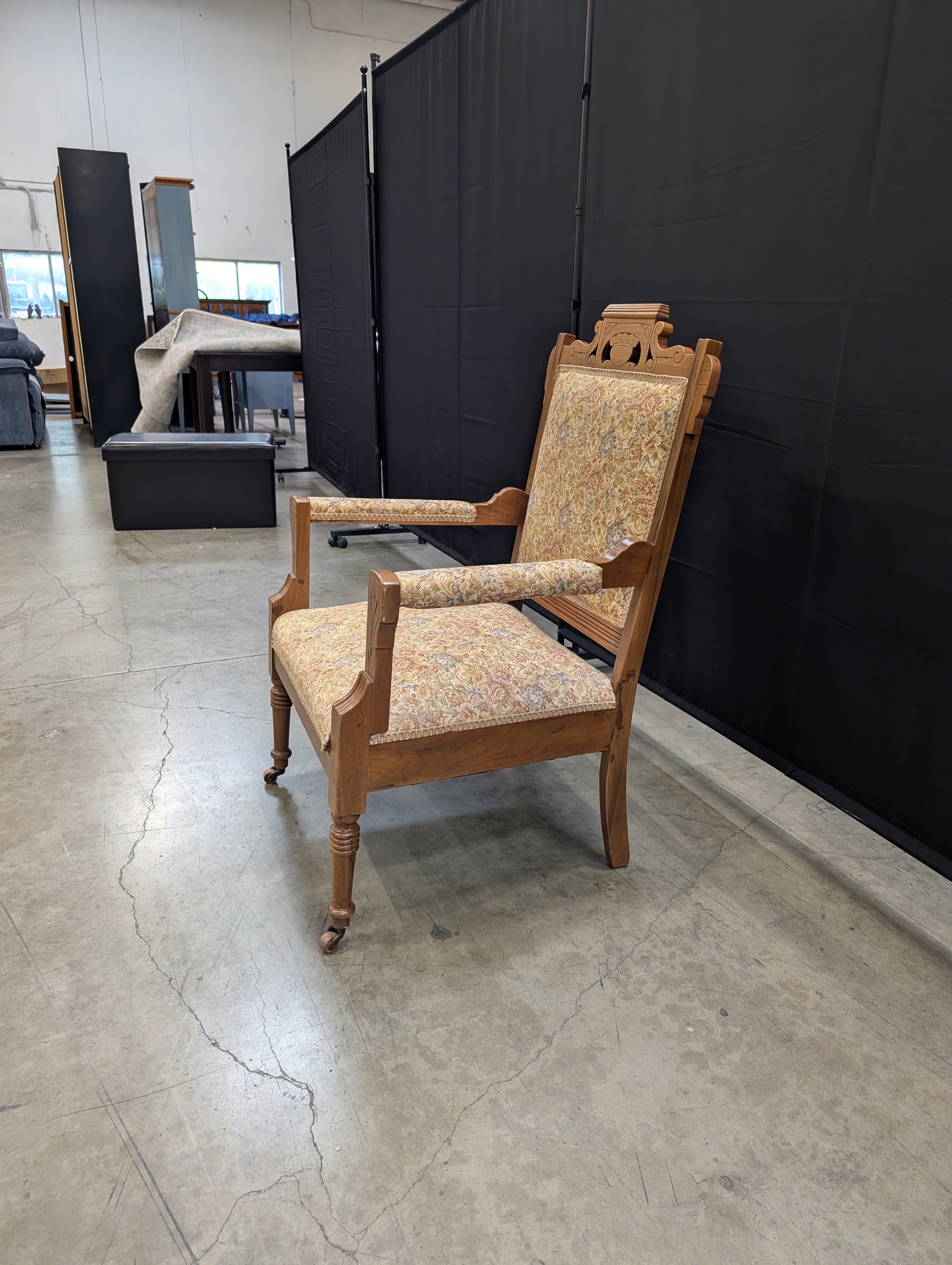 Vintage Carved Wood Armchair with Floral Upholstery