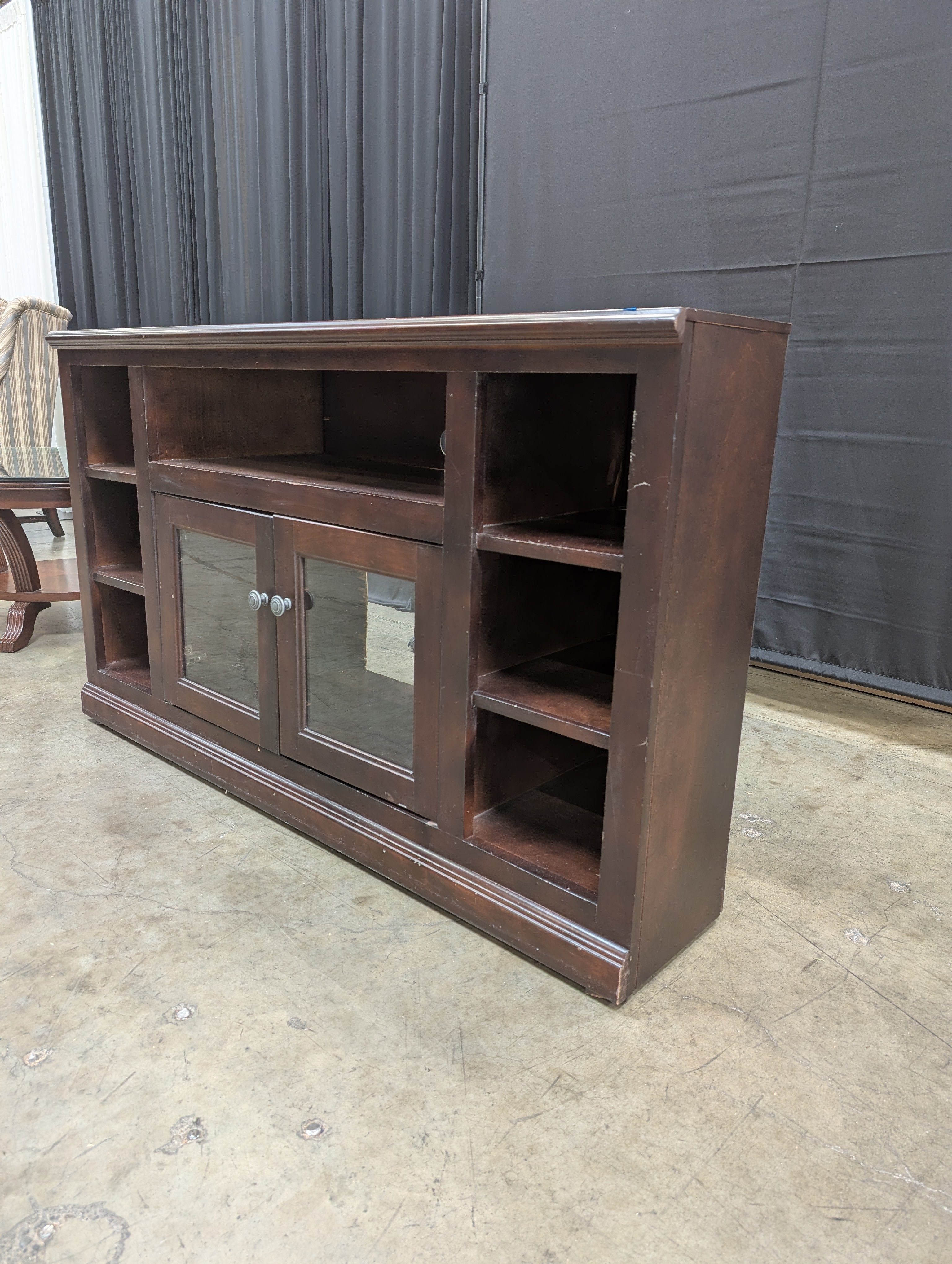 Dark Wood Corner TV Stand with Glass Doors