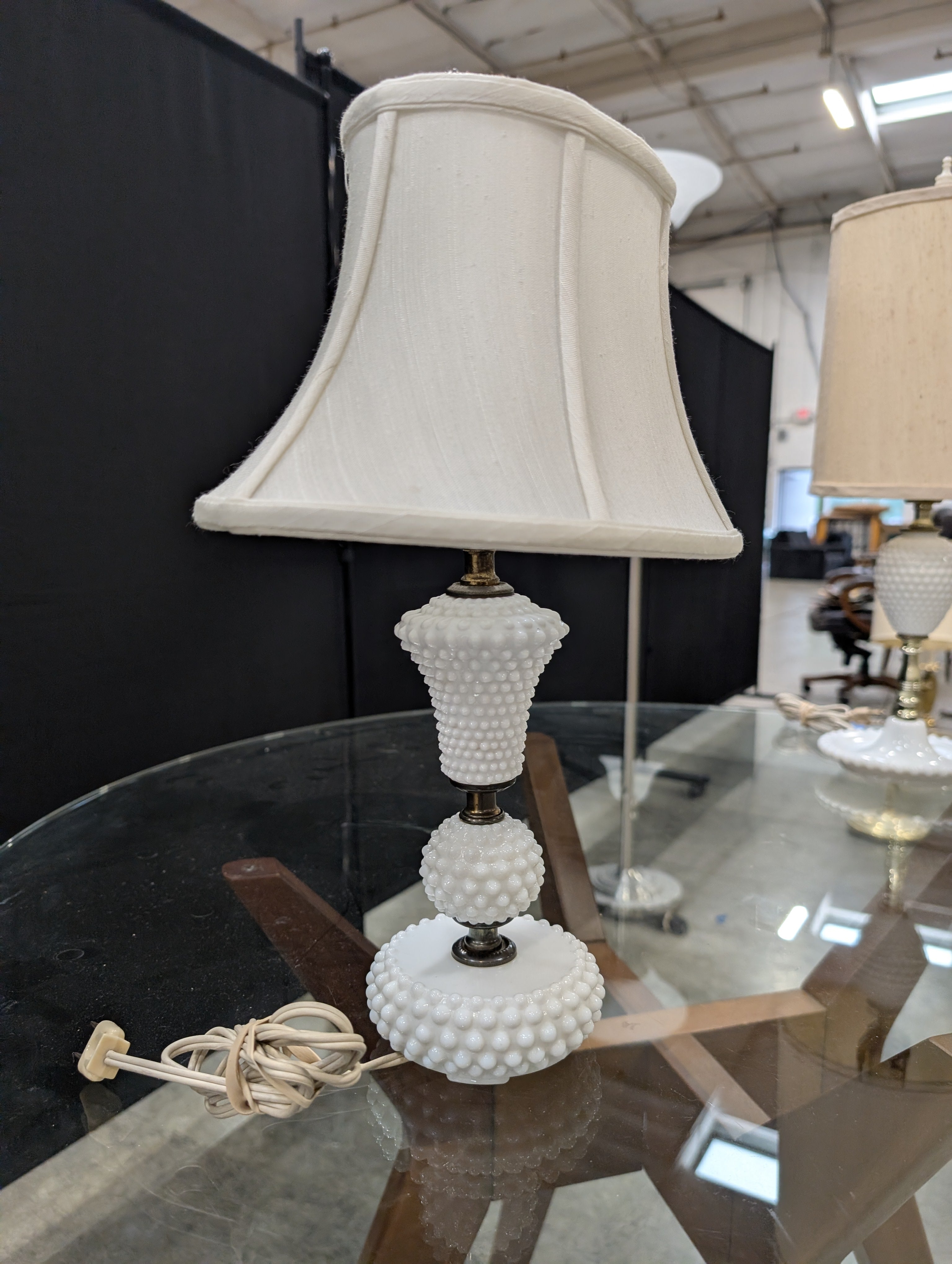Vintage White Hobnail Milk Glass Table Lamp with Fabric Shade