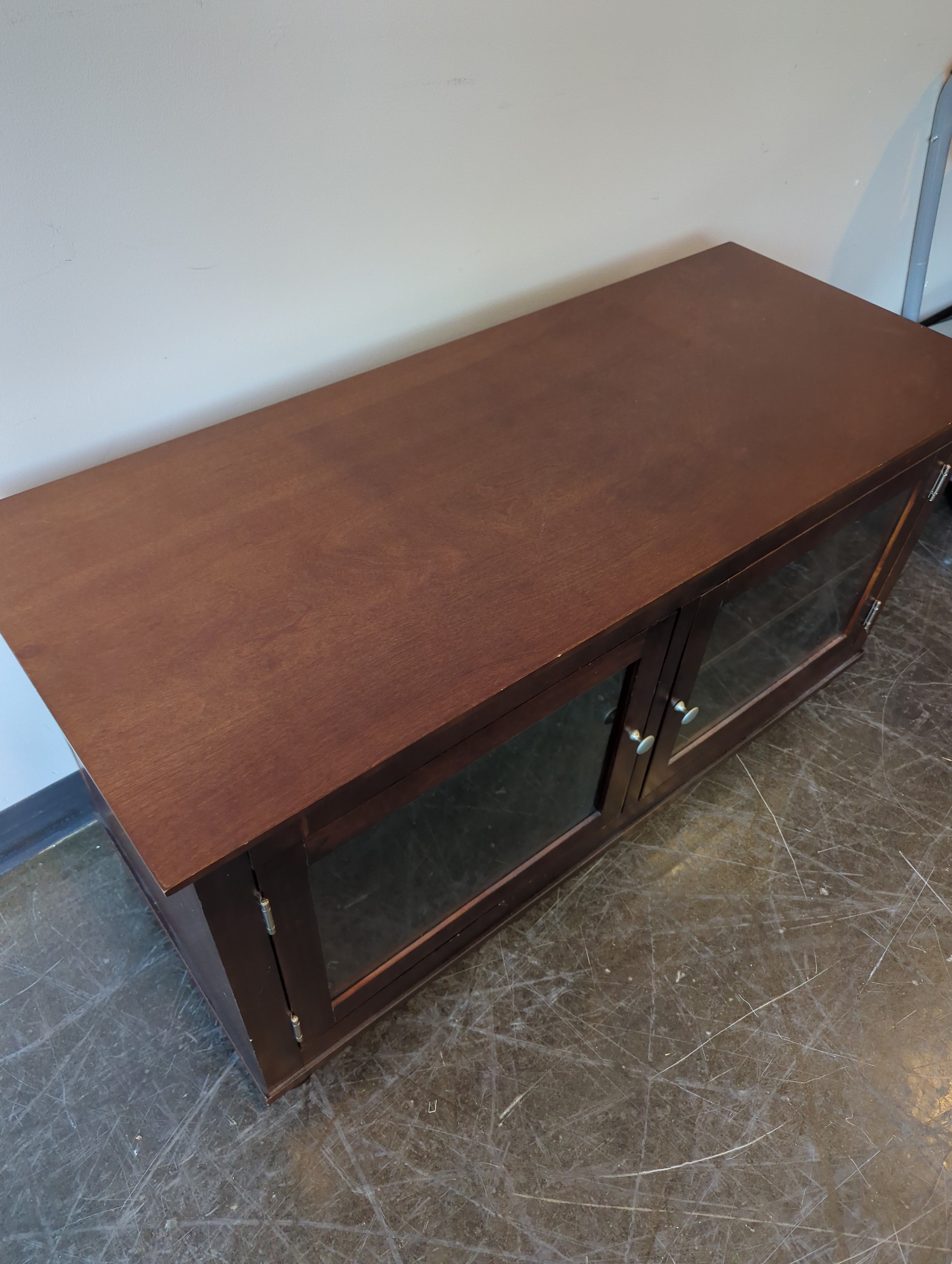 Reddish-Brown Wood Media Console with Glass Doors