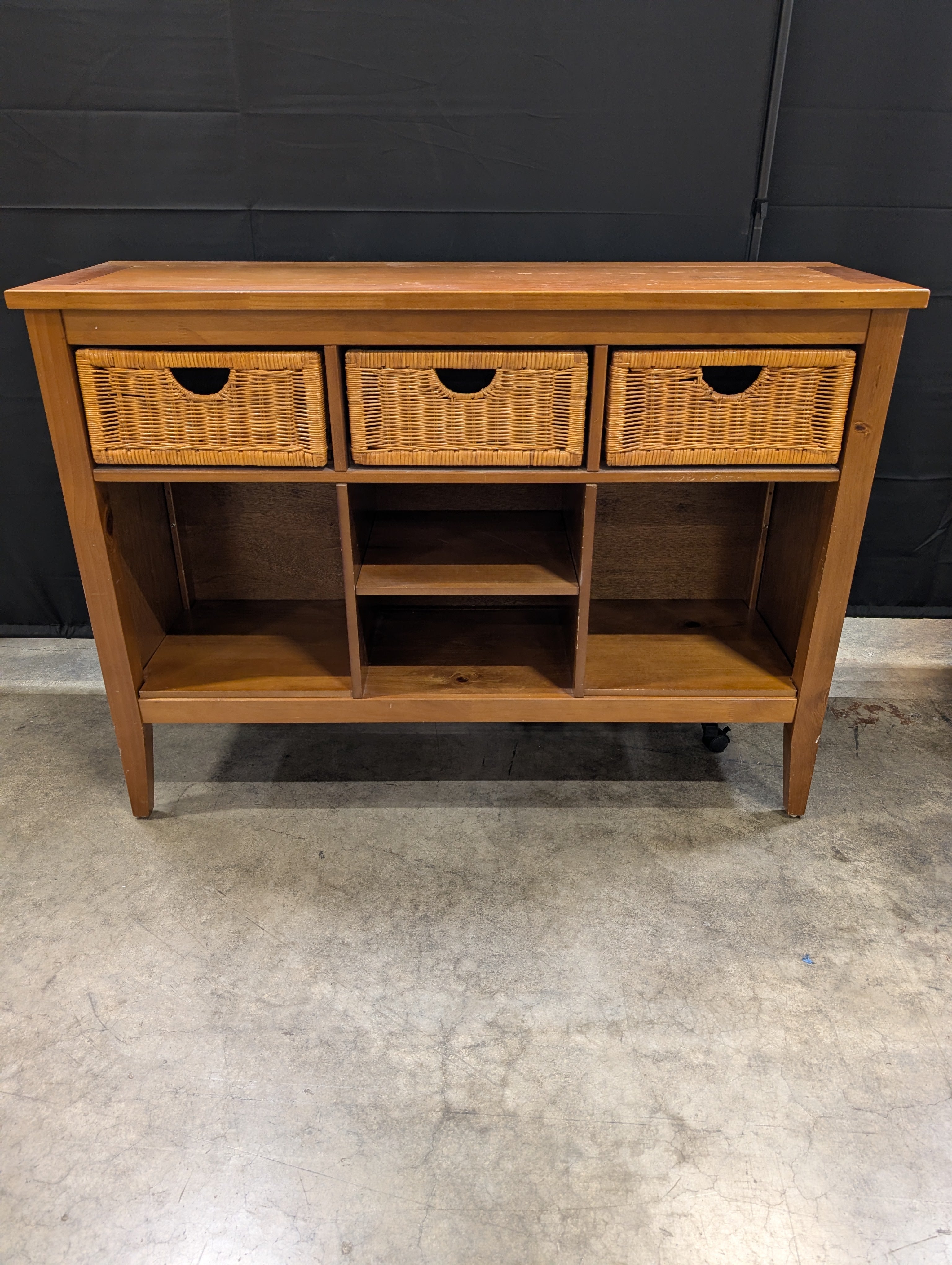 Wooden Console Table with Wicker Baskets and Open Shelves