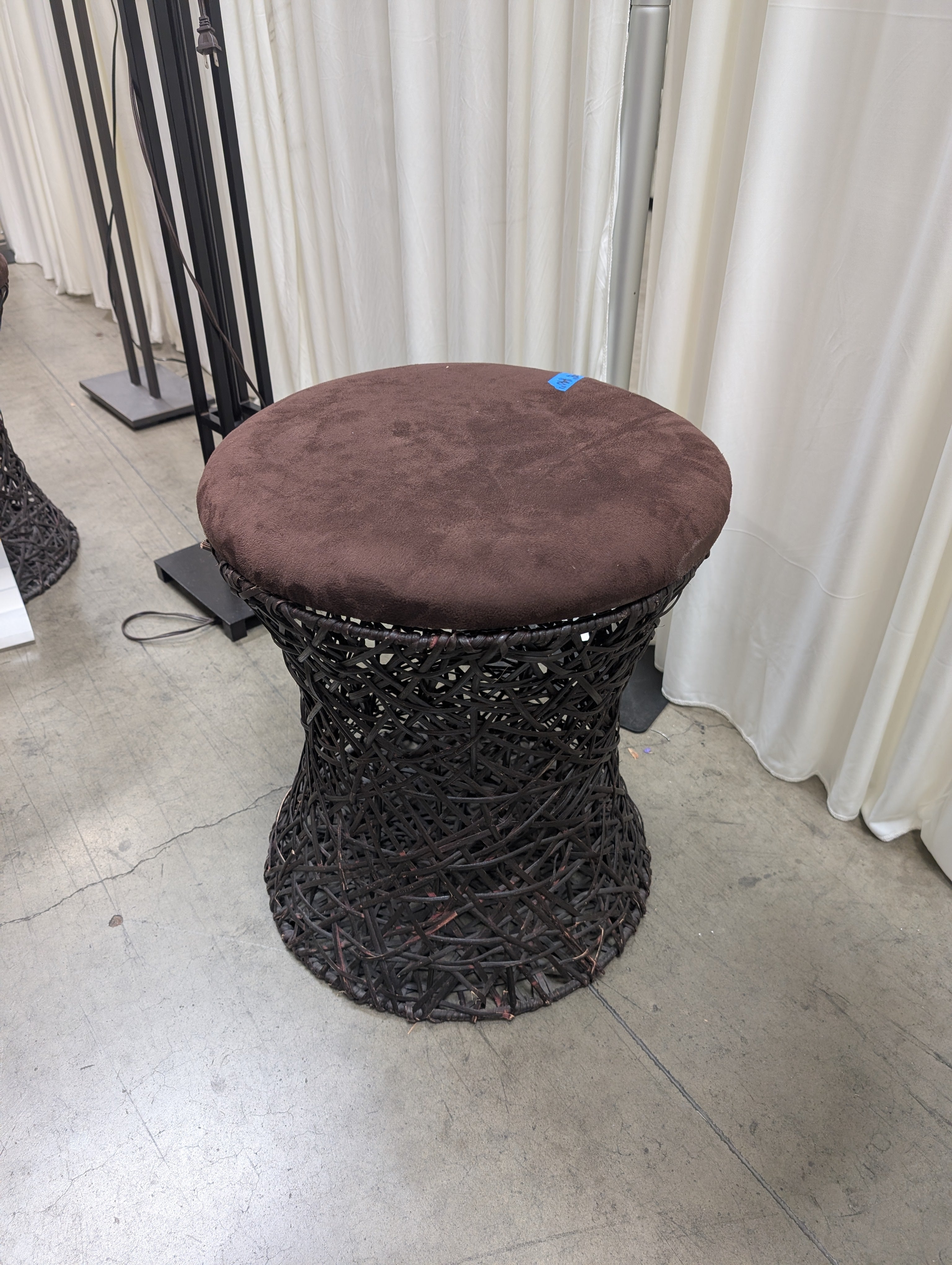 Round Velvet Ottoman with Woven Base
