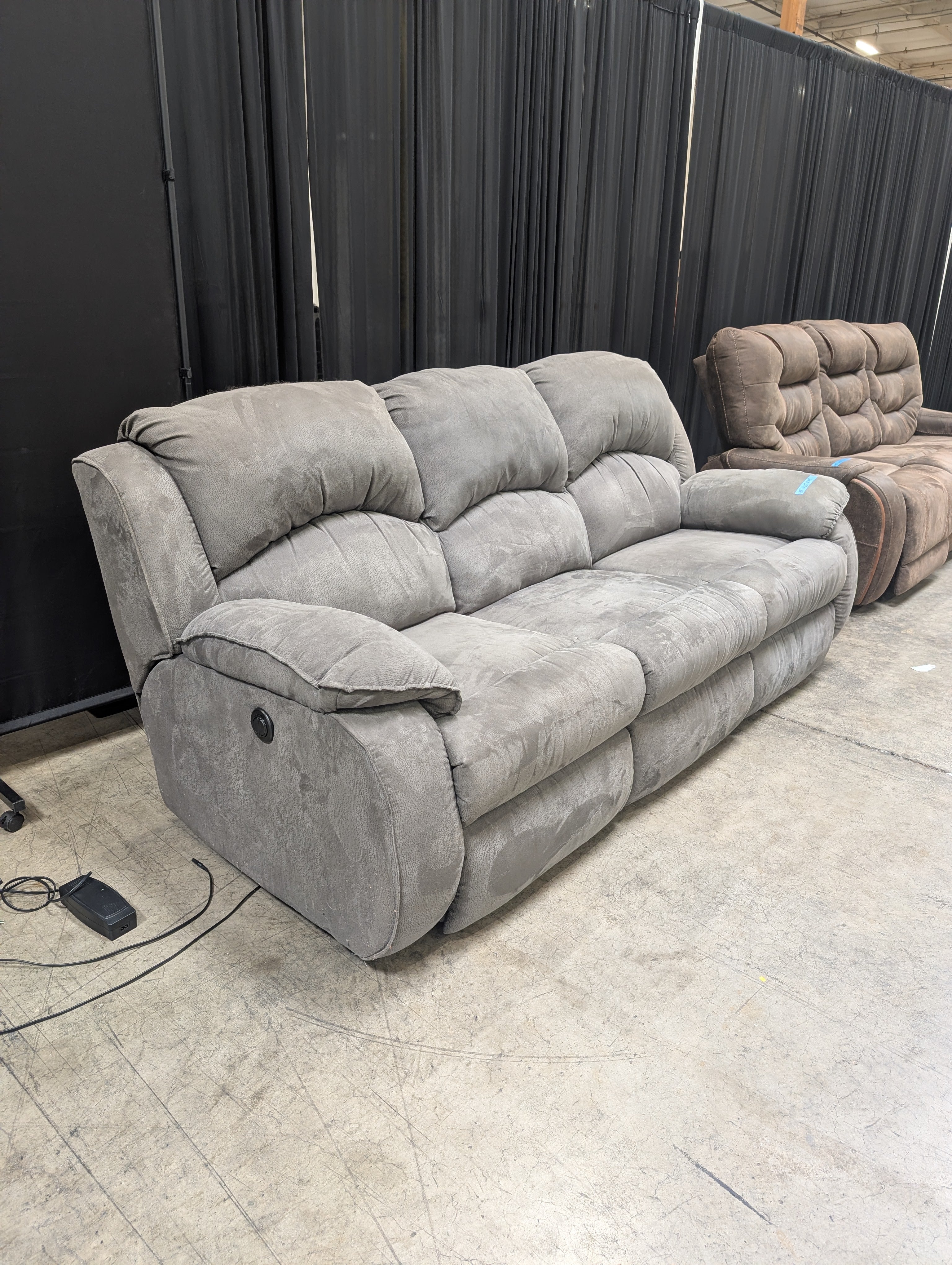 Plush Taupe Fabric Power Reclining Couch with Overstuffed Arms