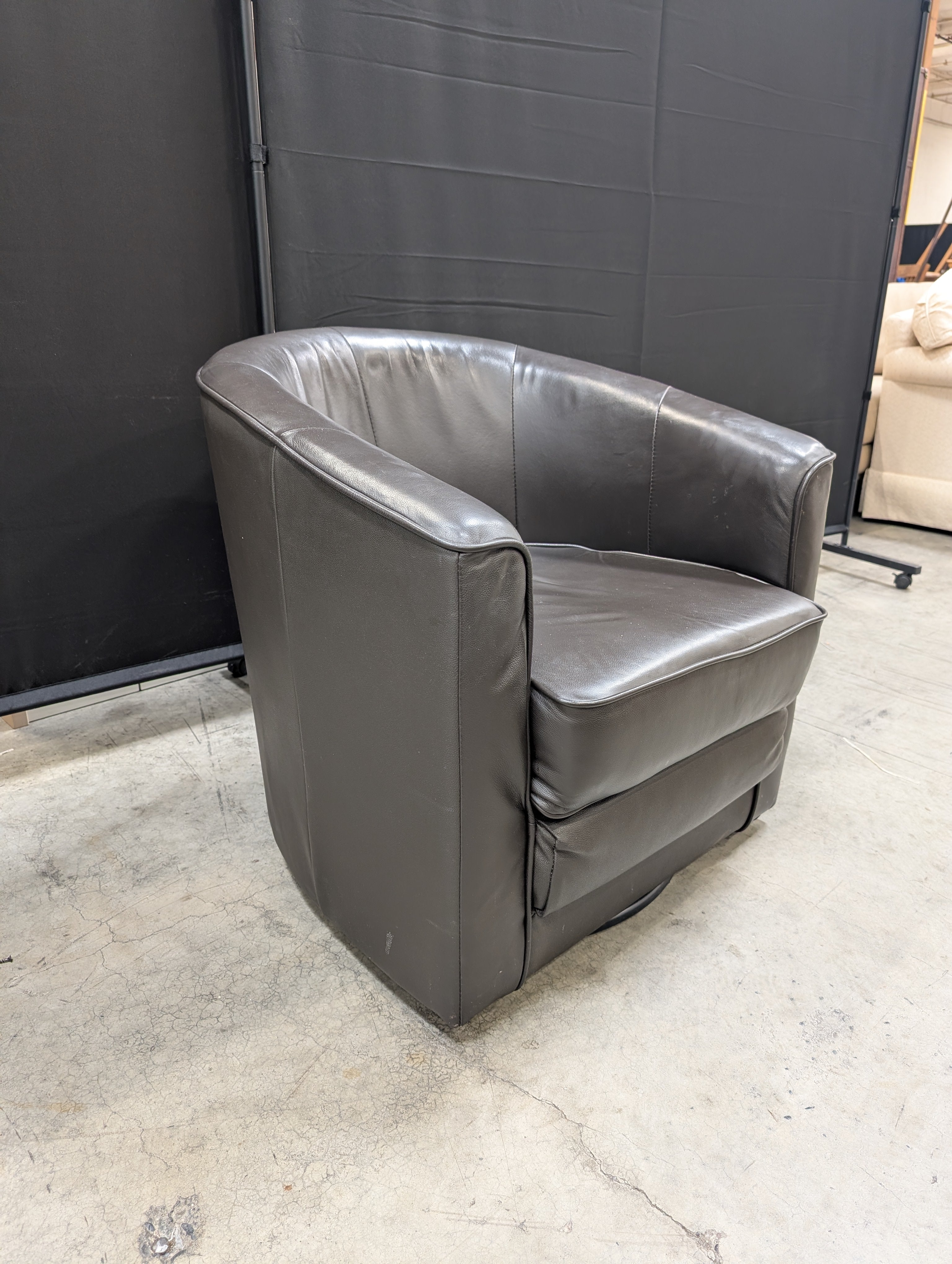Contemporary Dark Brown Leather Barrel Armchair