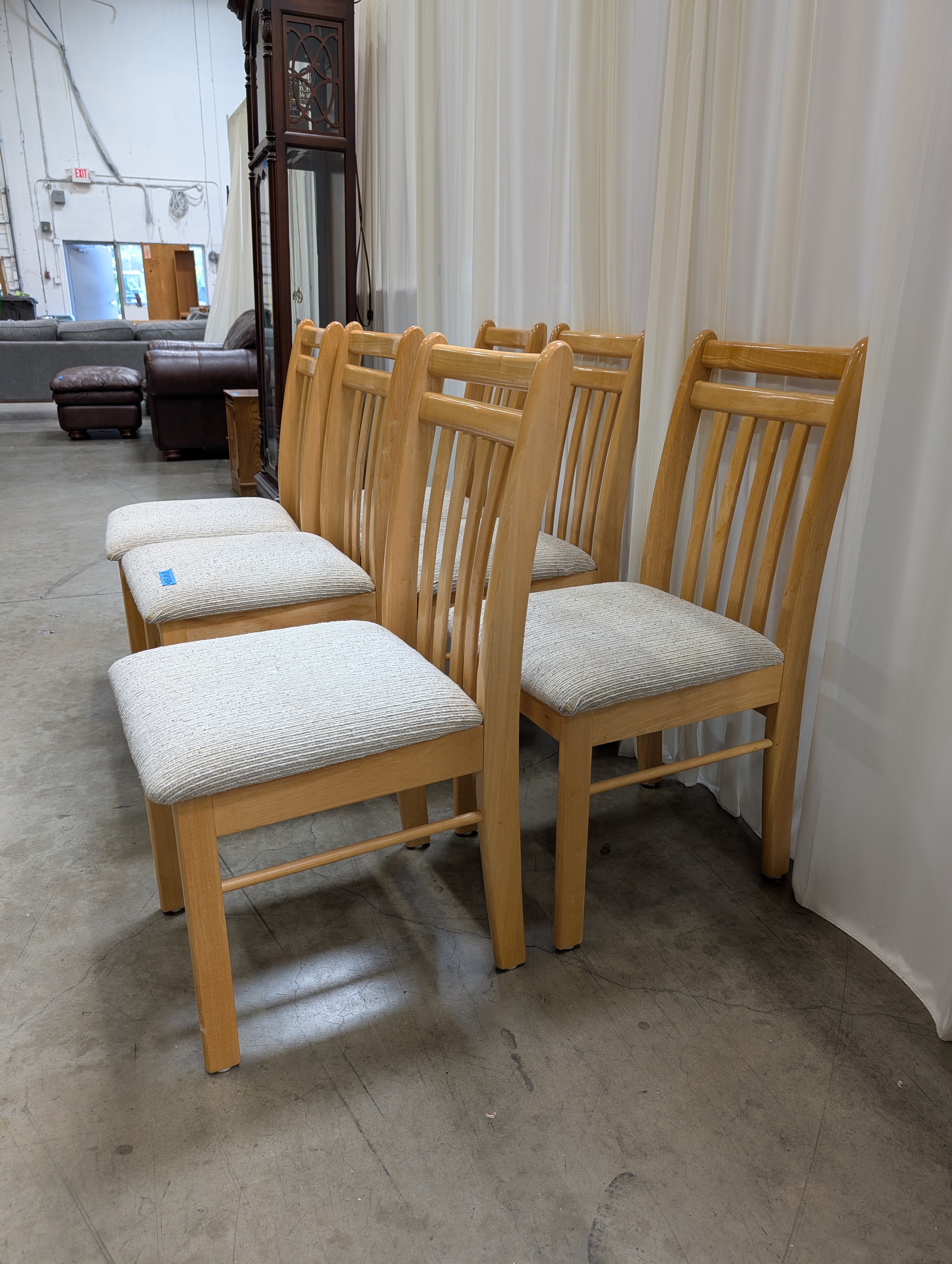 Set of Six Slat-Back Wooden Dining Chair with Padded Seat