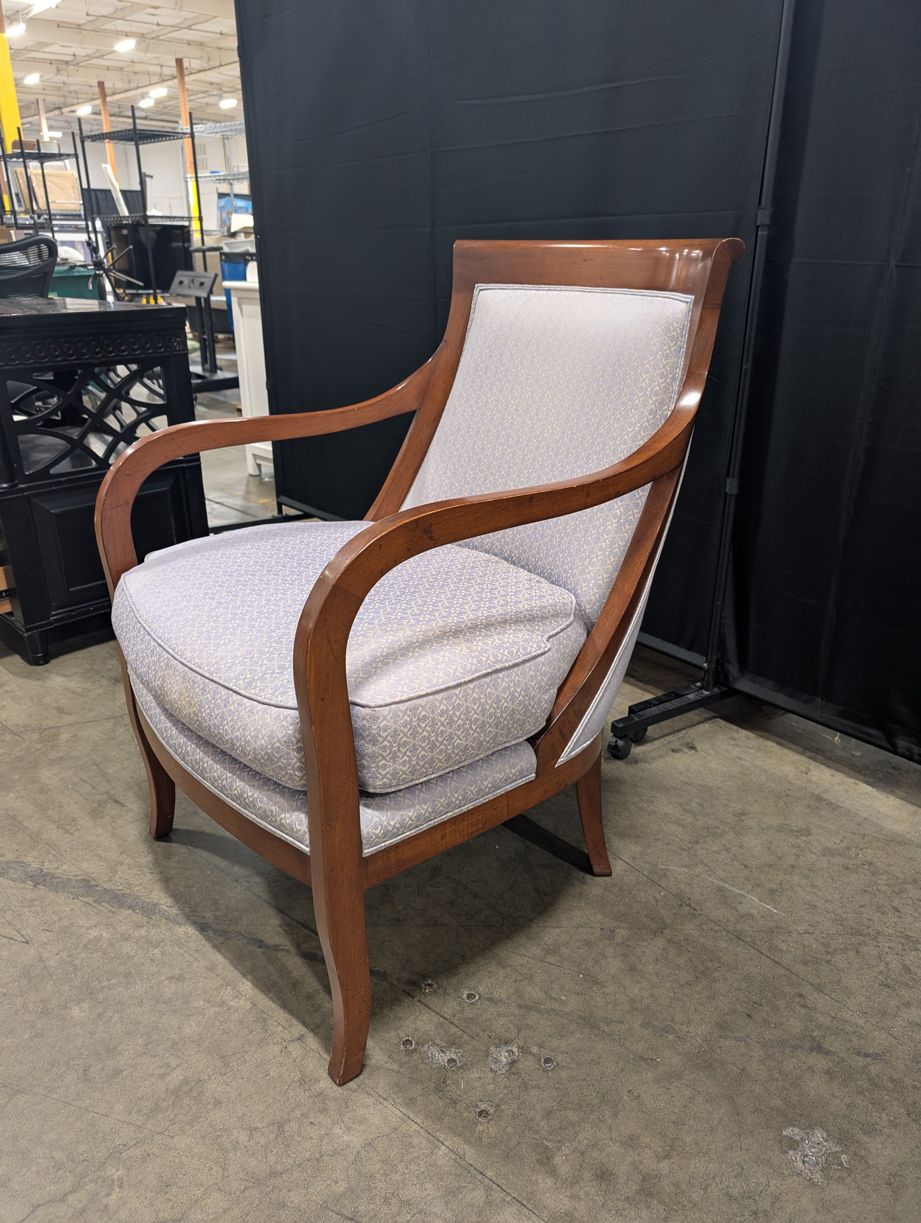 Traditional Dark Wood Armchair with Patterned Upholstery